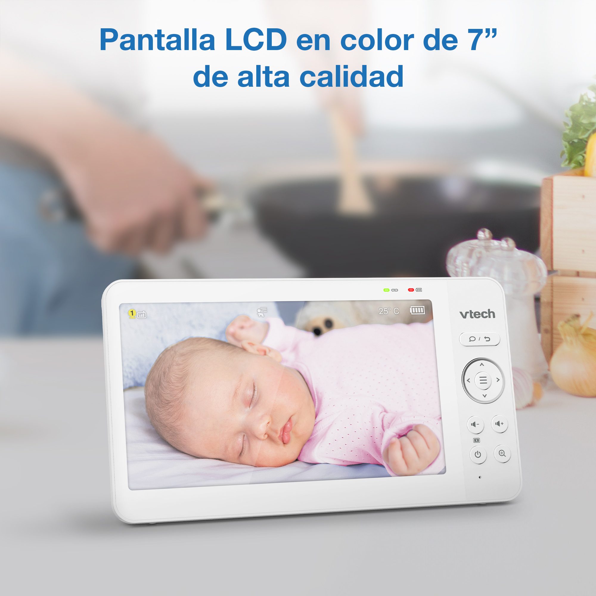 Un bebé duerme en una cama, monitorizado por una pantalla Vtech.