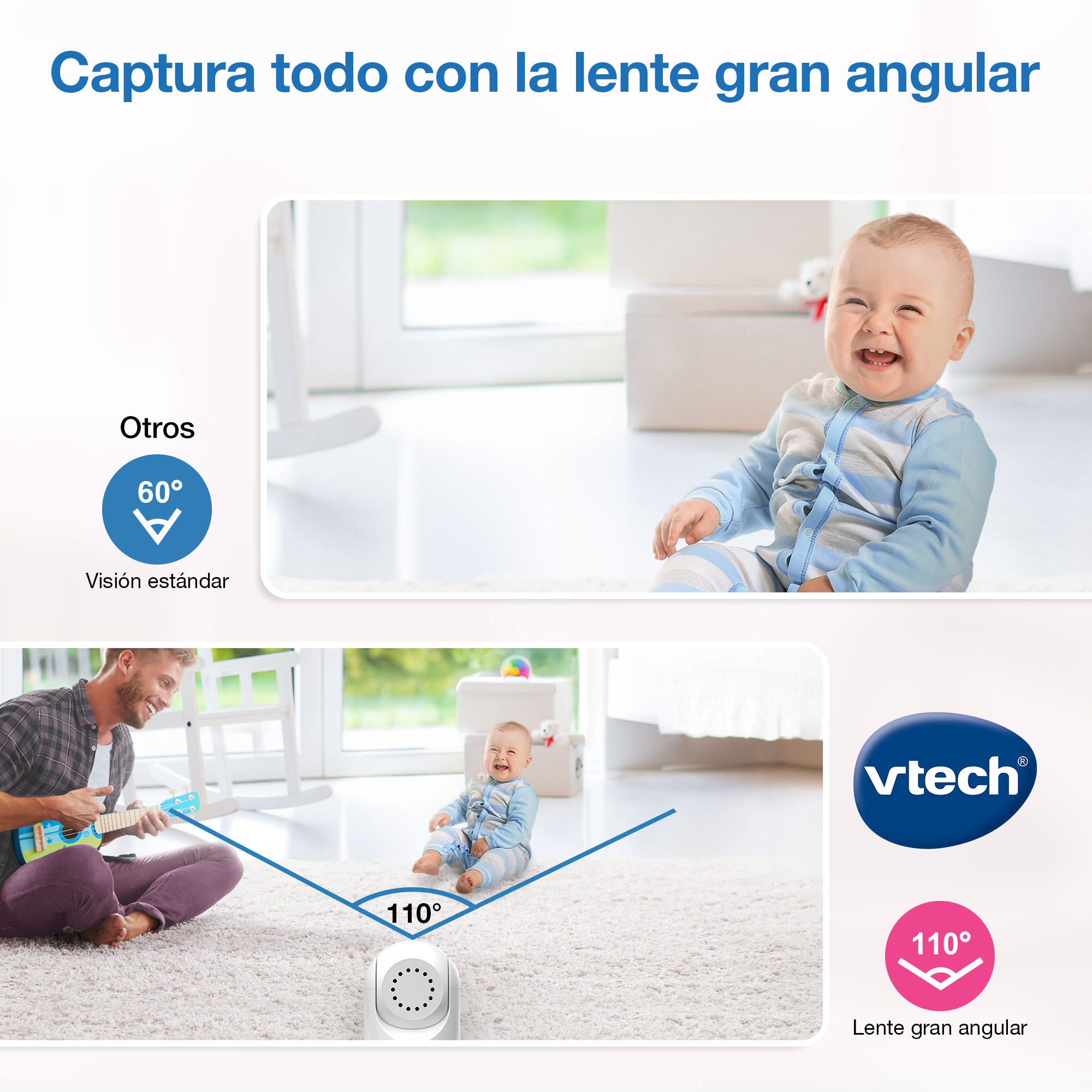 Un bebé ríe en una alfombra. Un hombre toca la guitarra. Logo Vtech.