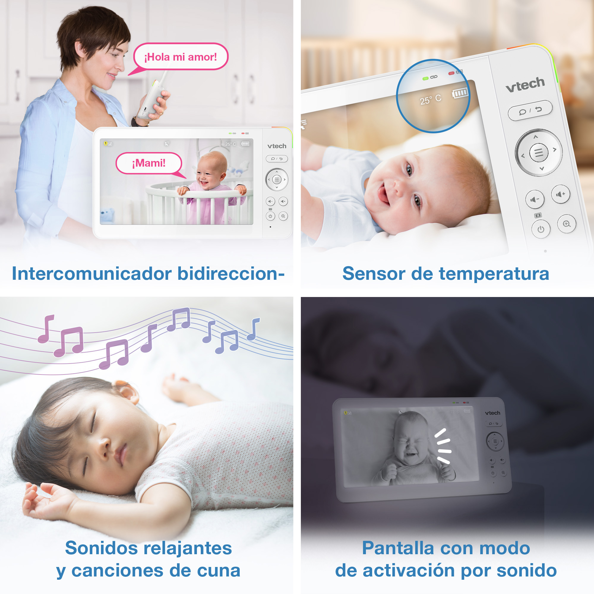Cuatro secciones: madre con vigila-bebés, pantalla de temp., bebé durmiendo con notas, pantalla con bebé.