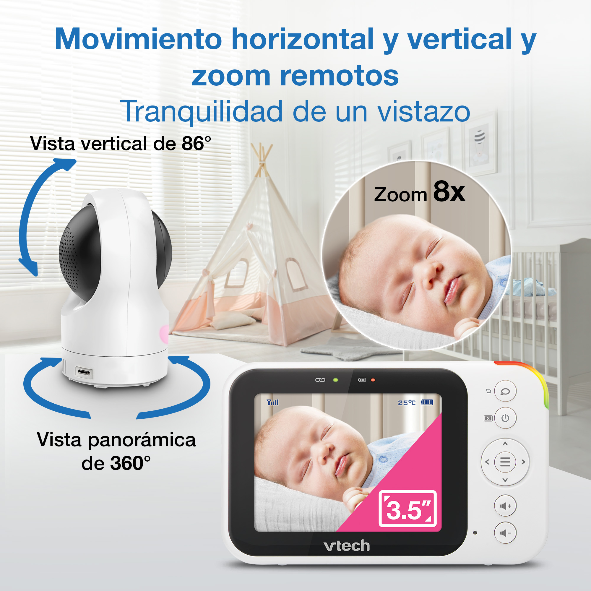 Vigilabebés muestra bebé durmiendo y unidad de cámara. Control remoto y zoom.