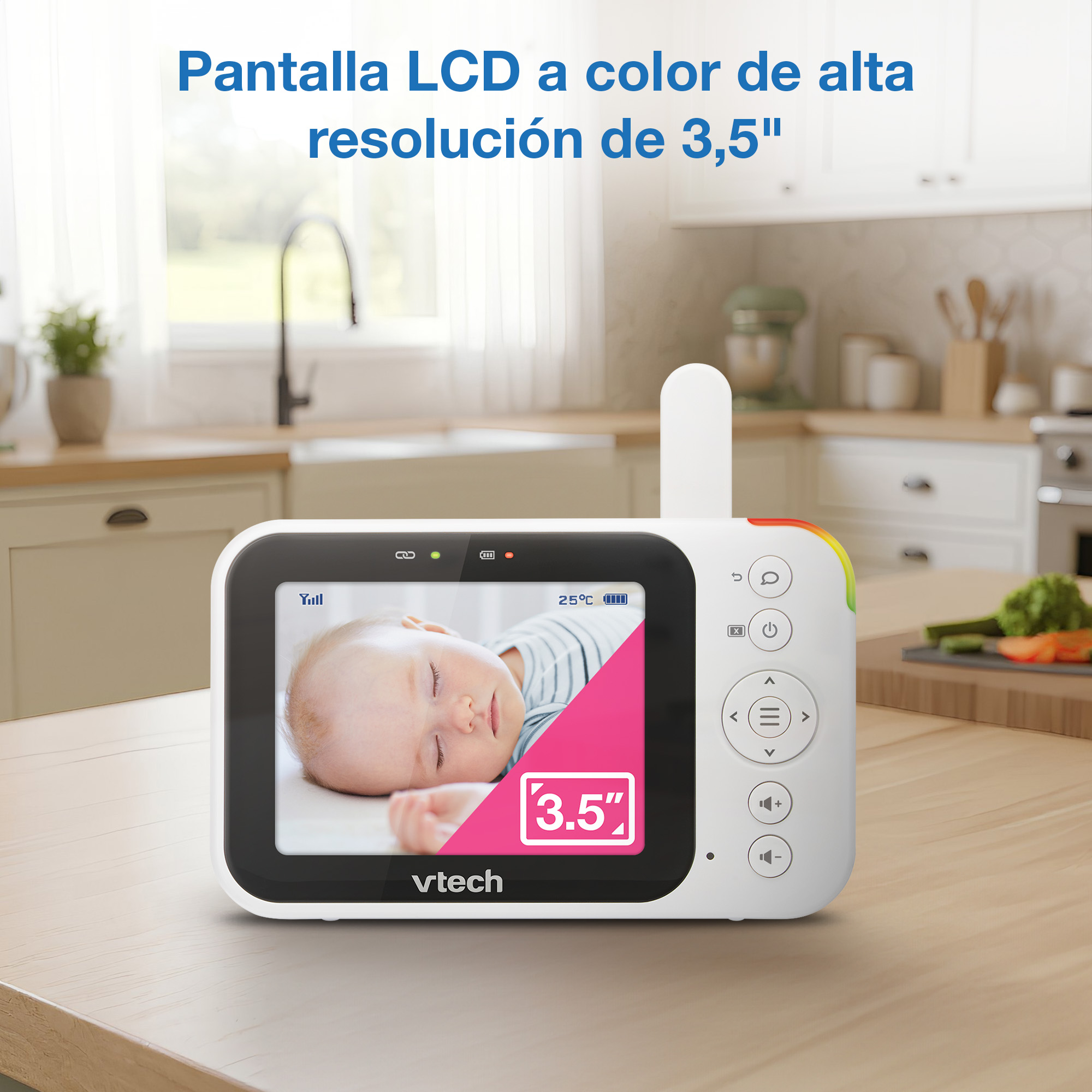 Un vigilabebés blanco muestra un bebé durmiendo en pantalla de 3,5 pulgadas.