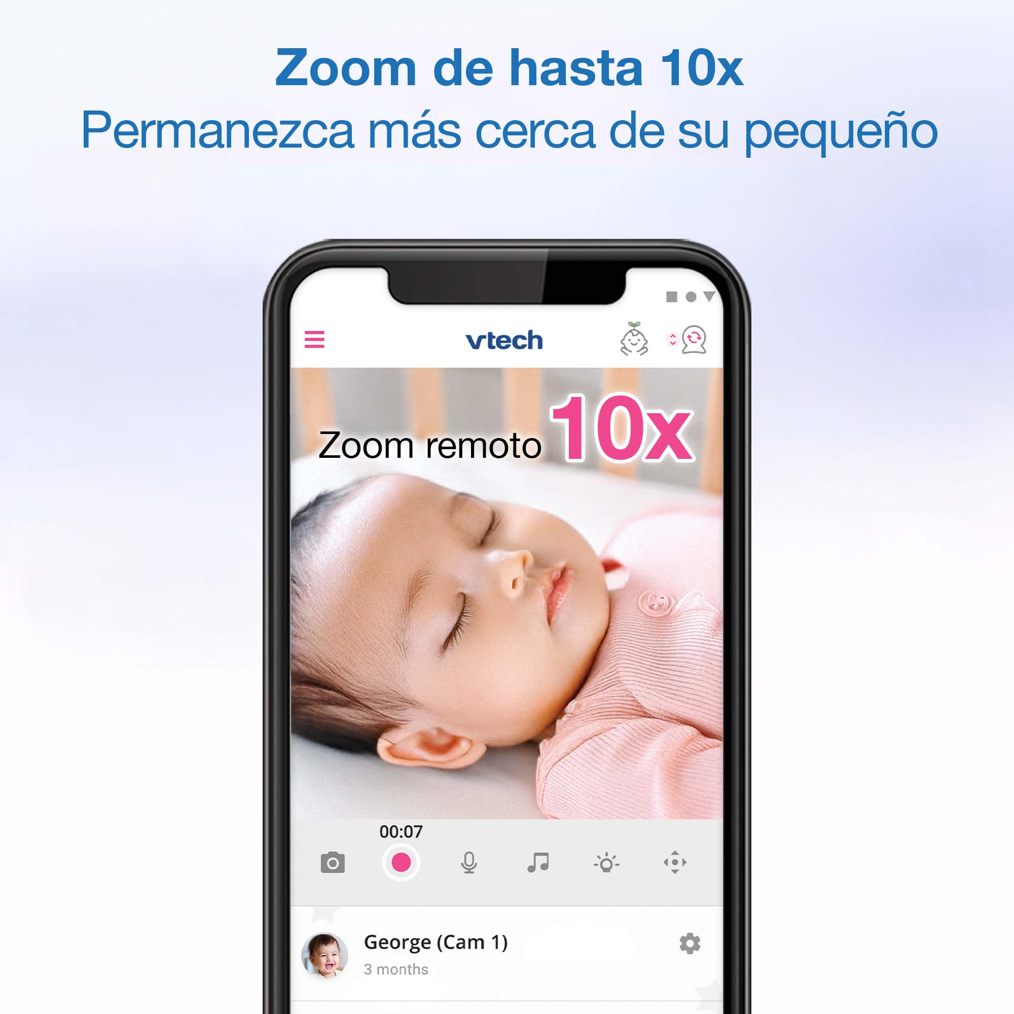 Un bebé duerme, mostrado en la pantalla de un Vtech monitor de bebé con zoom 10x.