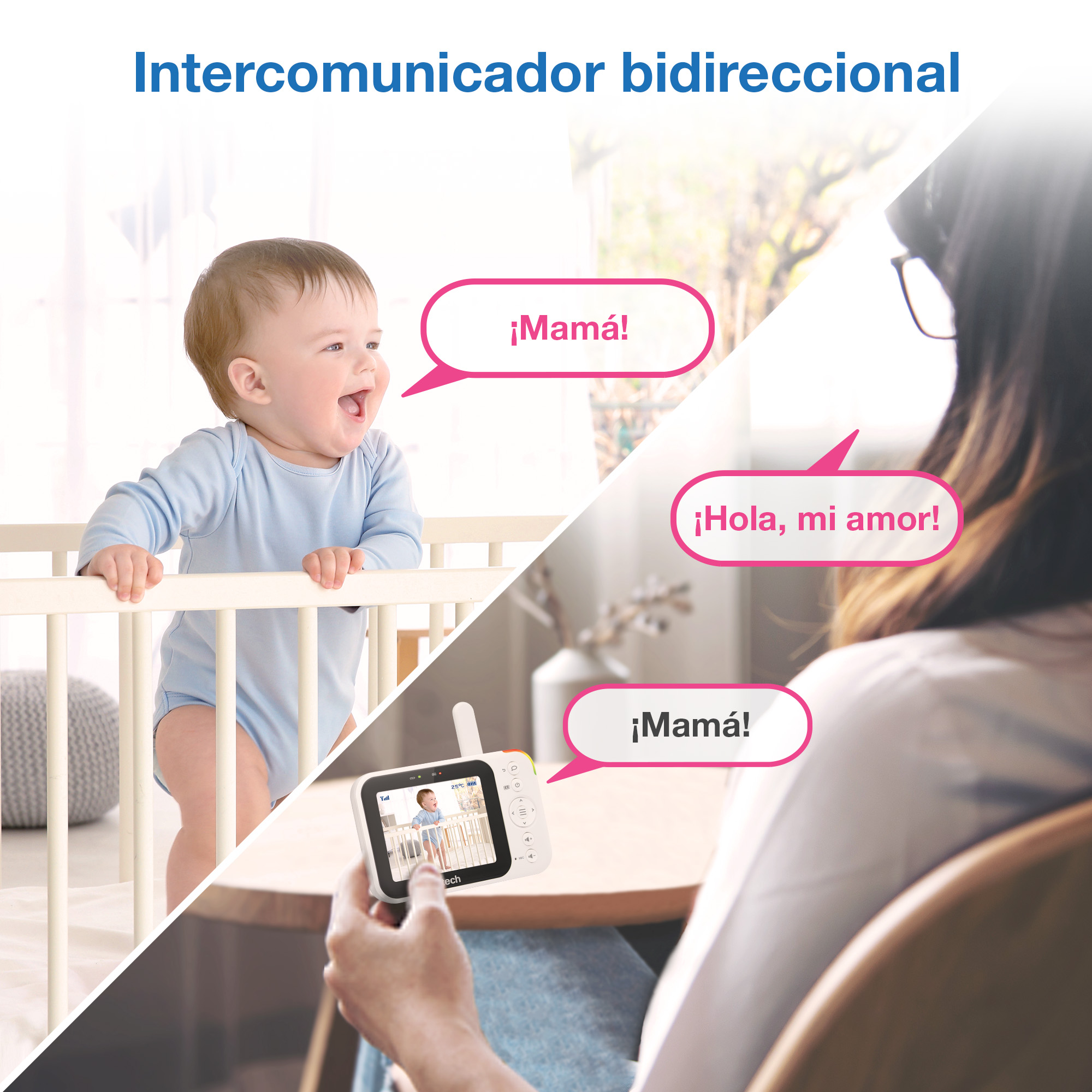 Bebé en cuna dice ¡Mamá!, mujer sostiene monitor de bebé.