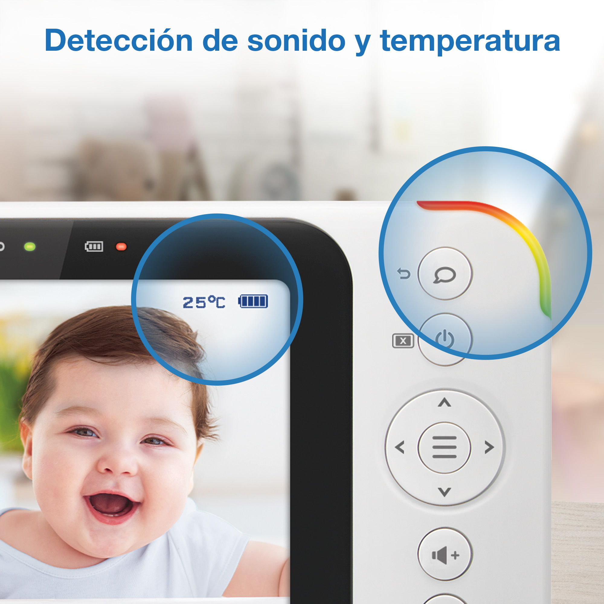 Vigilabebés muestra 25°C y batería. Una barra indica temperatura. Botones visibles.