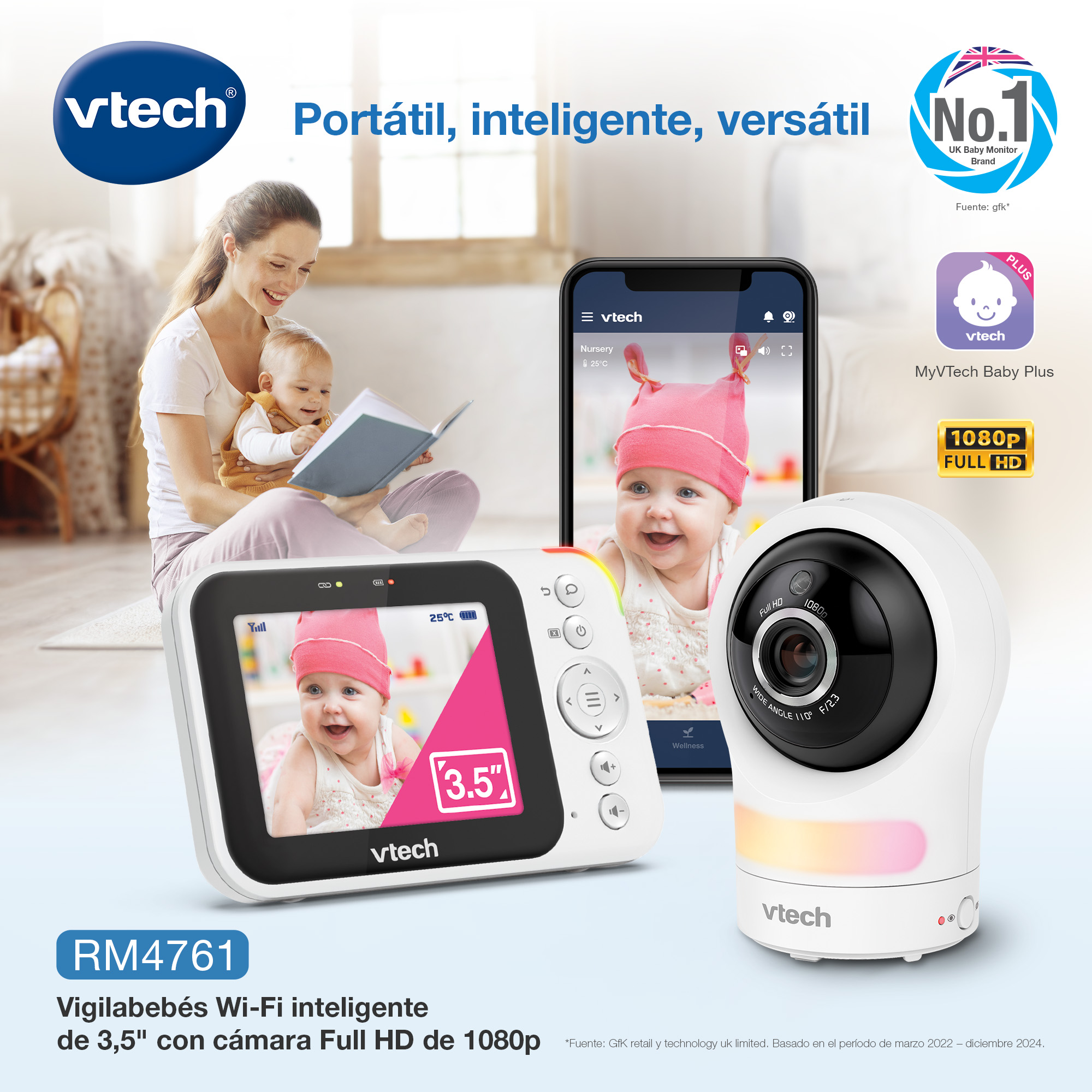 Vigilabebés VTech con pantalla de 3,5", cámara Full HD 1080p y app móvil.