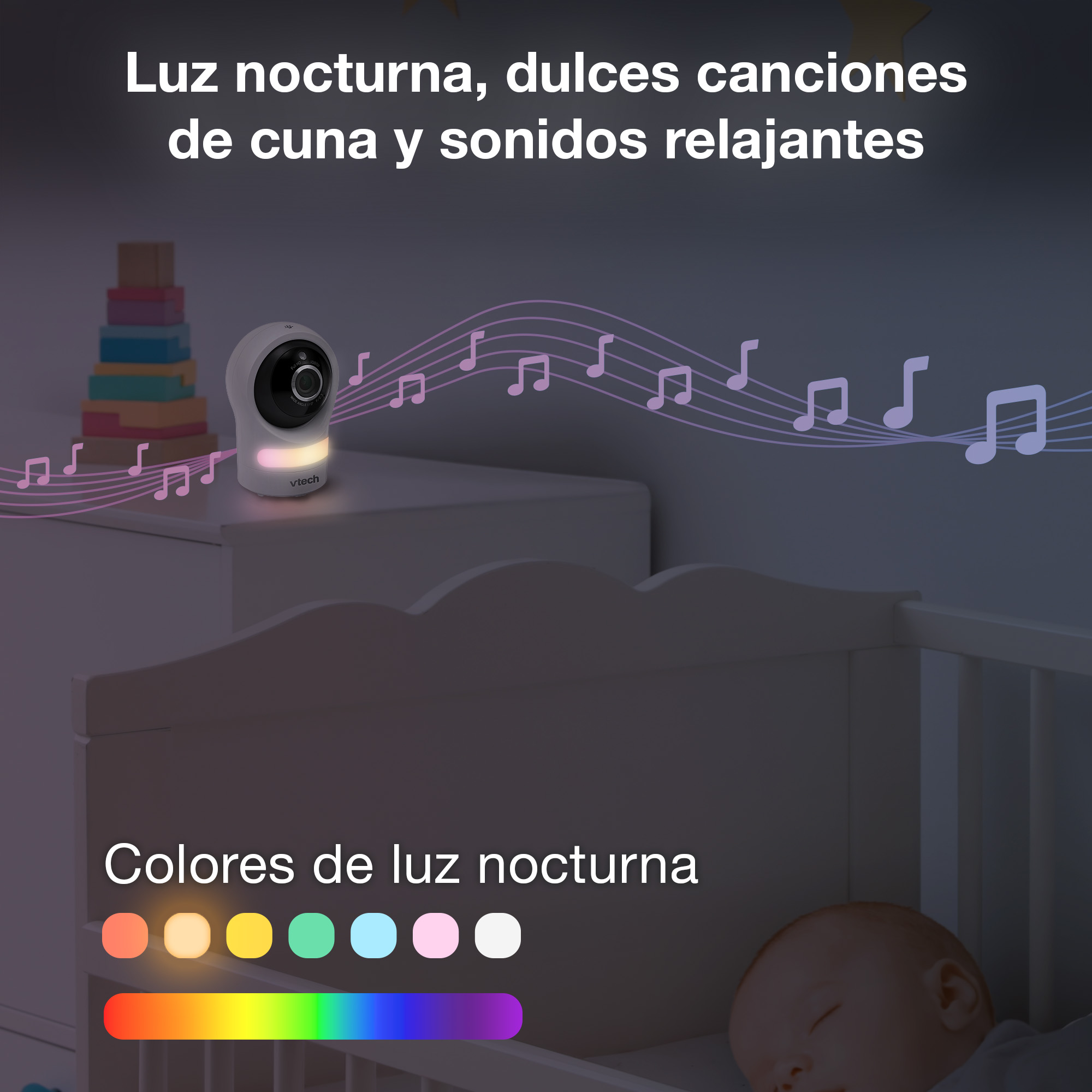 Vigilabebés con luz nocturna y notas musicales sobre cuna, bebé durmiendo.
