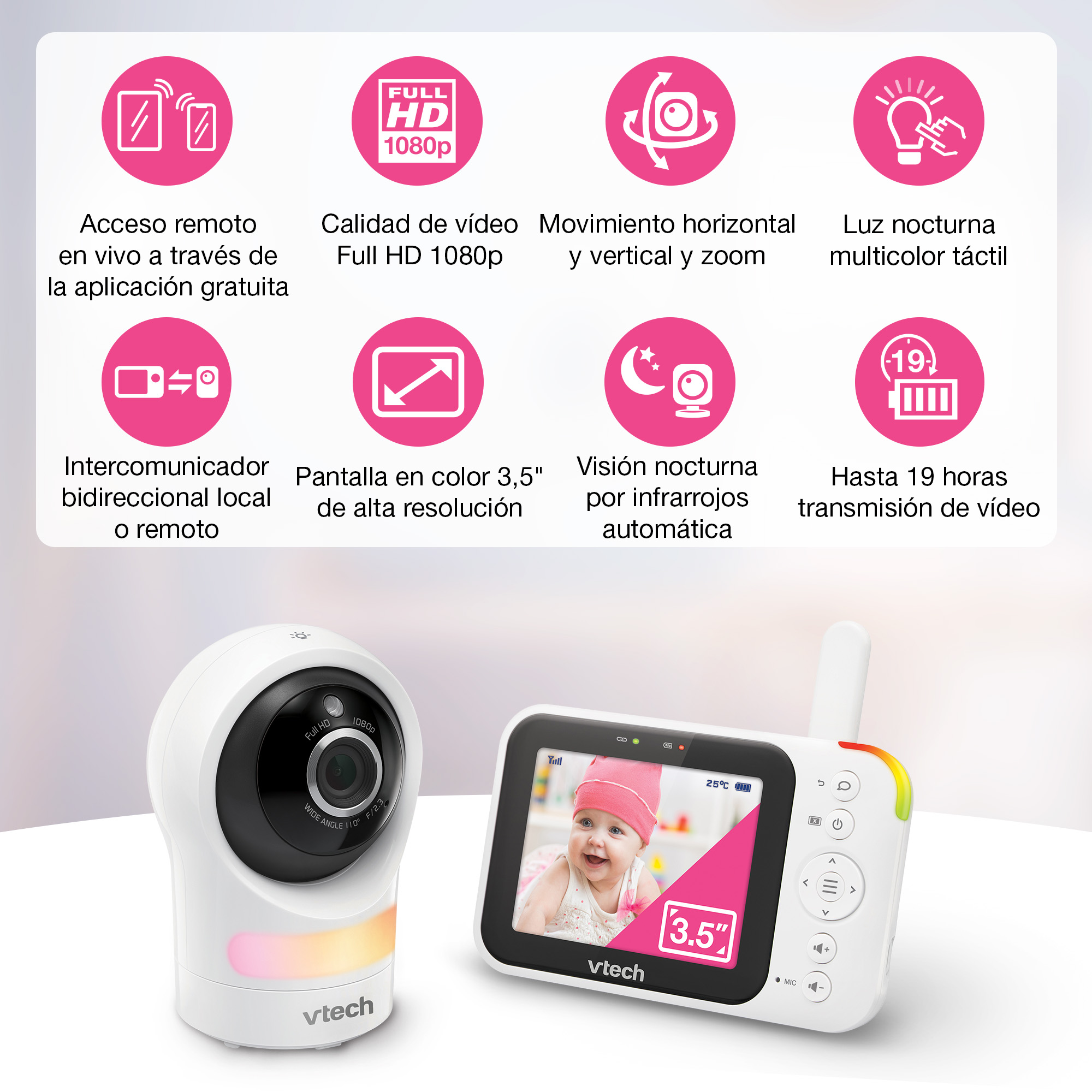 VTech monitor de bebé: cámara Full HD, pantalla 3.5", visión nocturna, audio 2 vías.