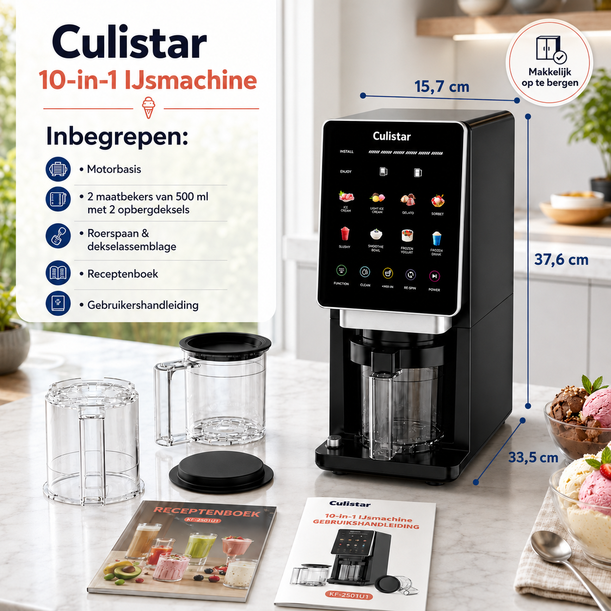 Culistar 10-in-1 Eismaschine mit Zubehör und Eiscreme.