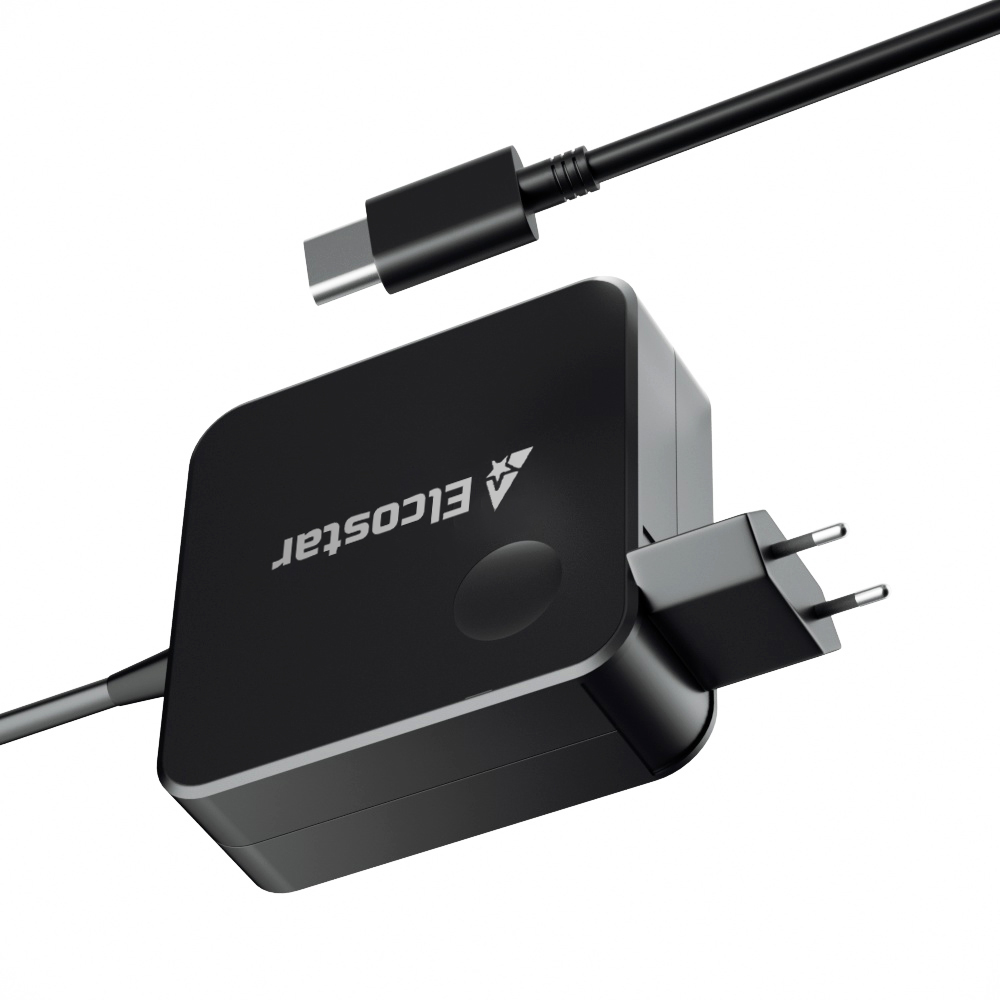 Zwarte Elcostar oplader met USB-C kabel en inklapbare stekker op witte achtergrond.