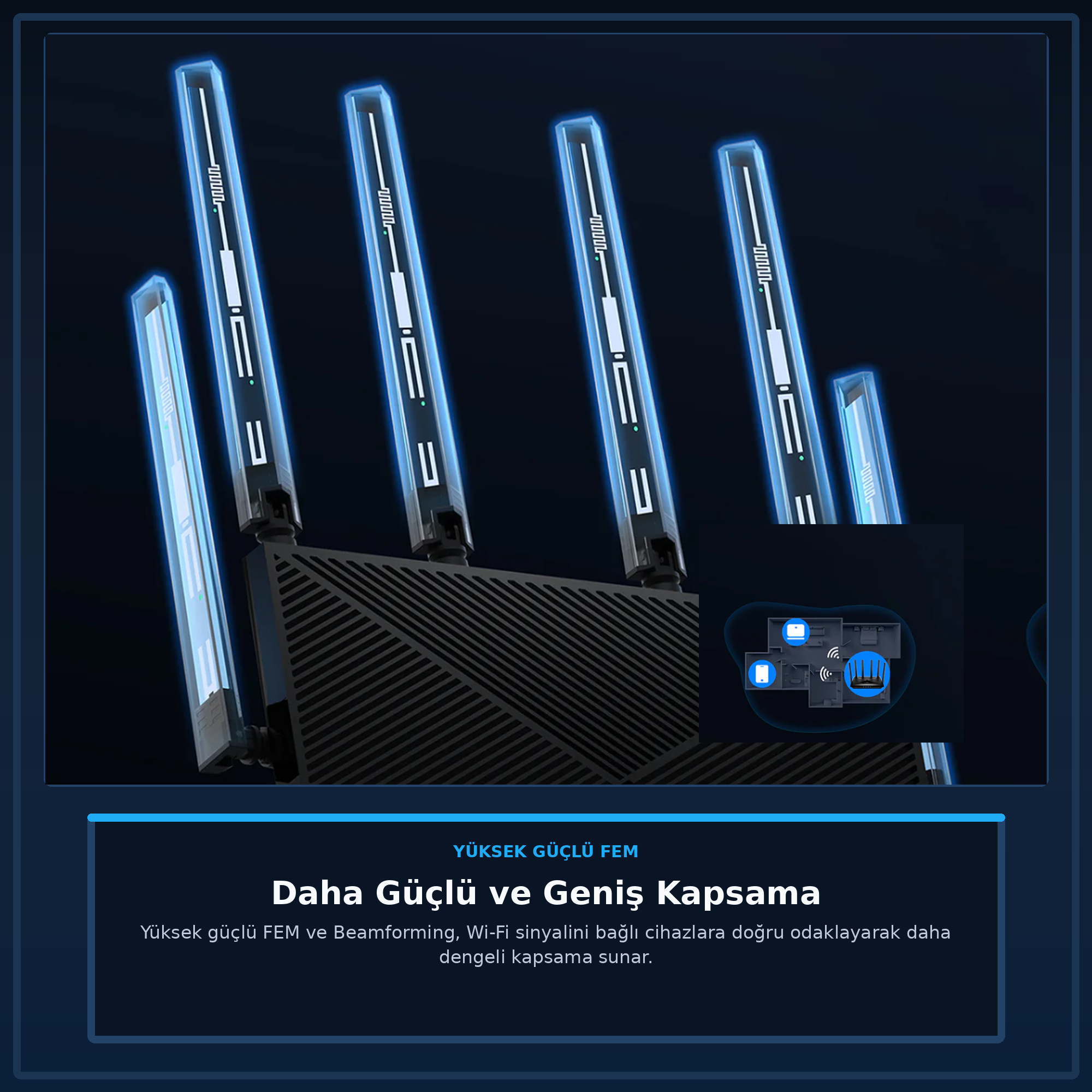 Un router negro con cuatro antenas azules brillantes con patrones de circuito.