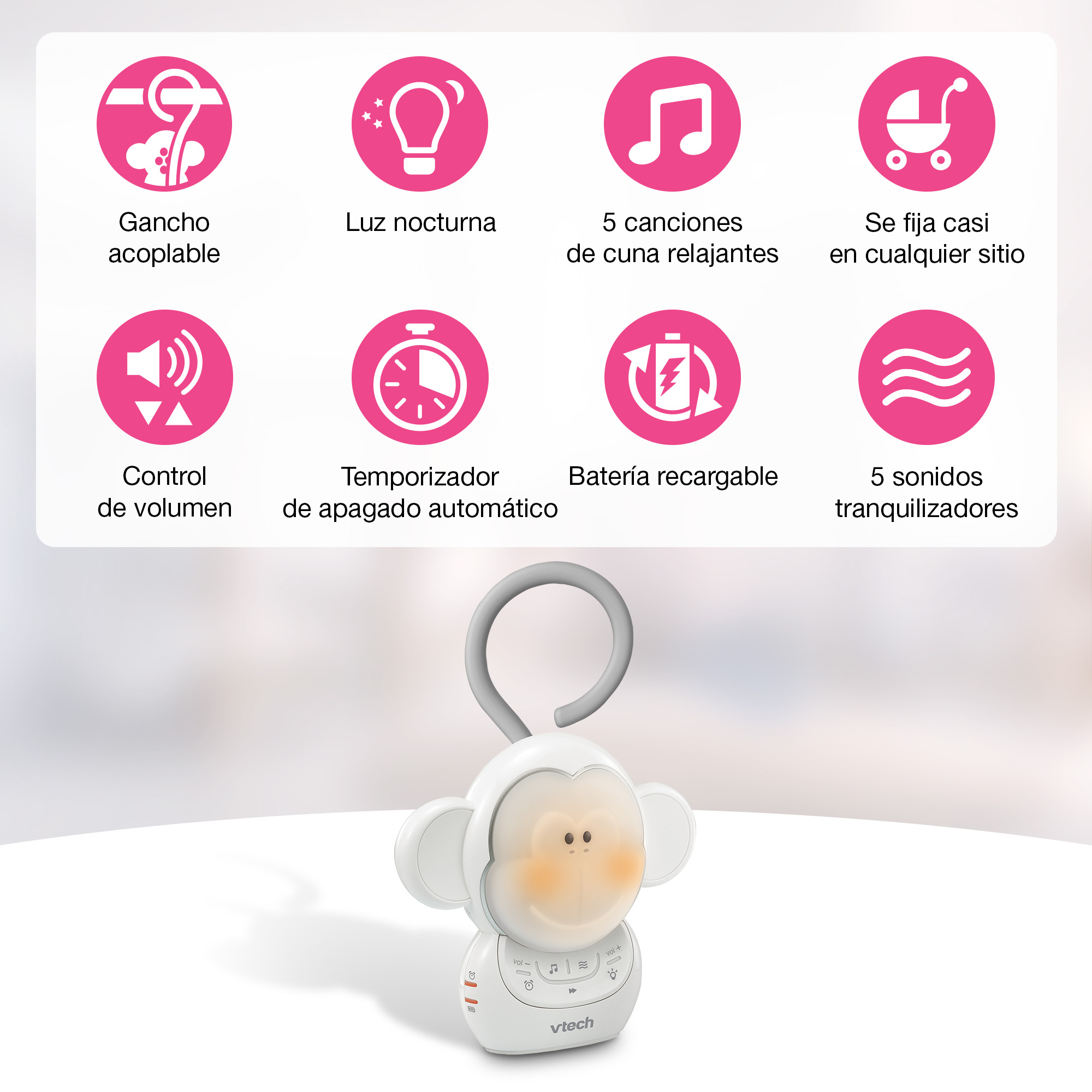 Un mono de juguete blanco para bebé con luces y botones, rodeado de iconos.