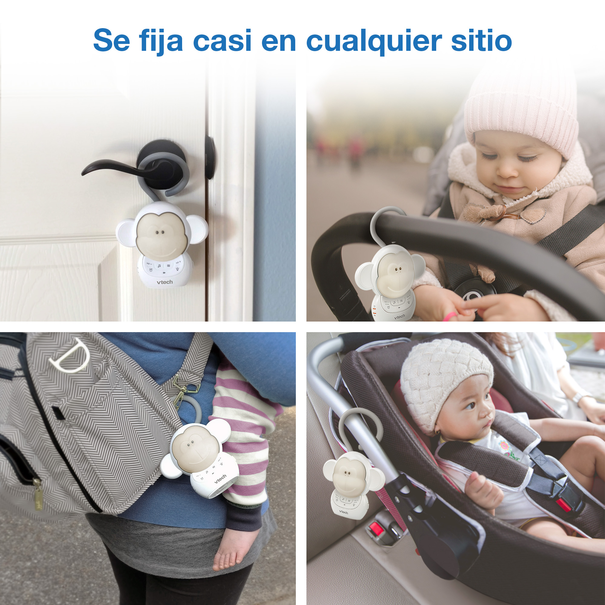 Una luz nocturna de mono sujeta a una puerta, cochecito y asiento de coche.