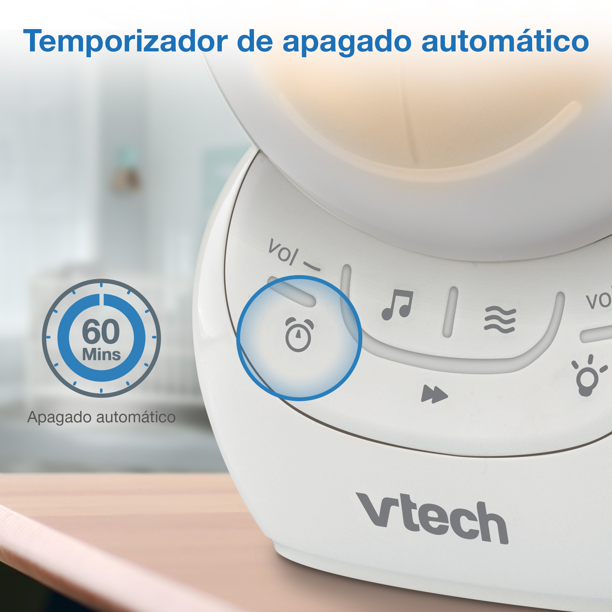 Un monitor de bebé VTech con un icono de temporizador de 60 minutos.