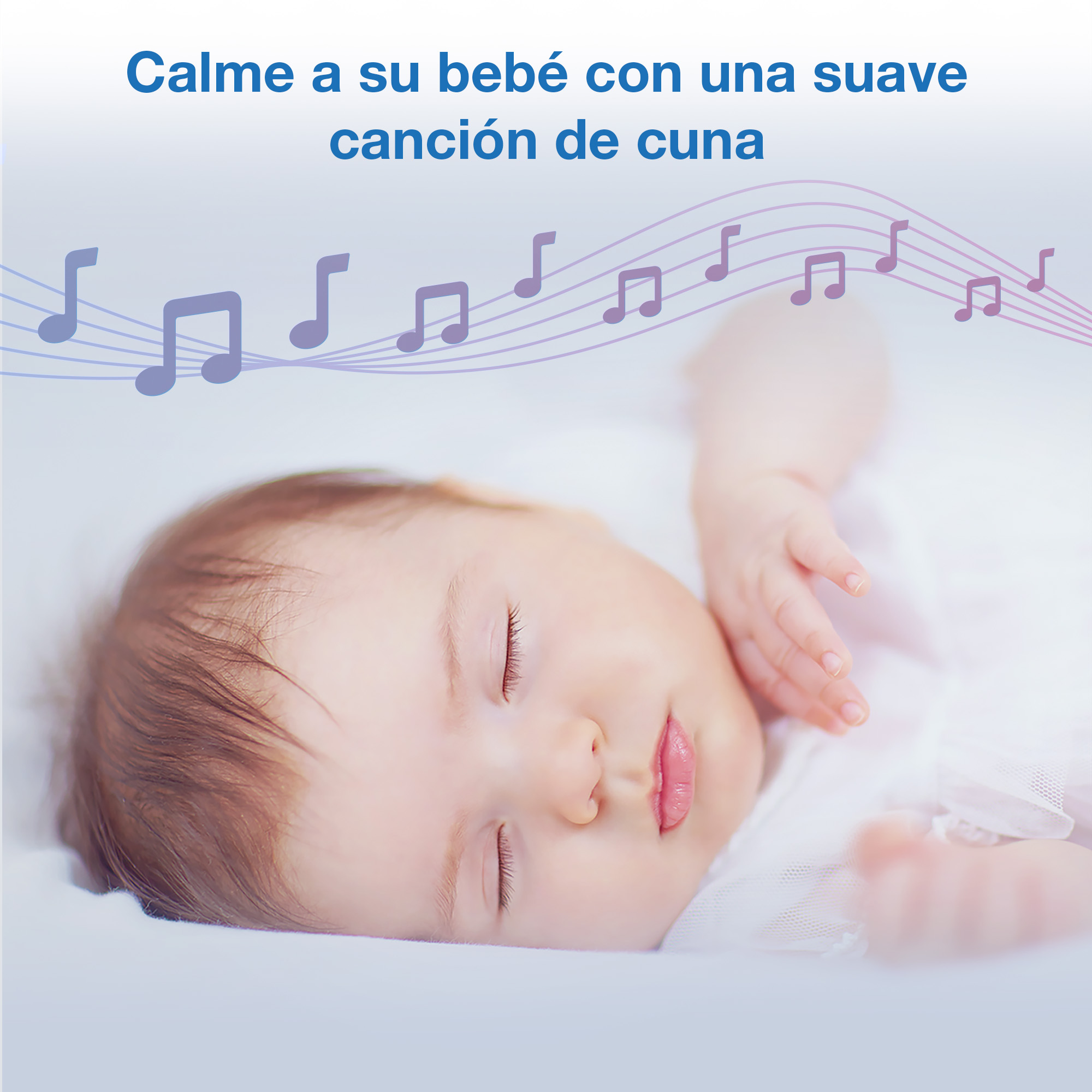 Un bebé duerme pacíficamente, rodeado de notas musicales y líneas suaves.