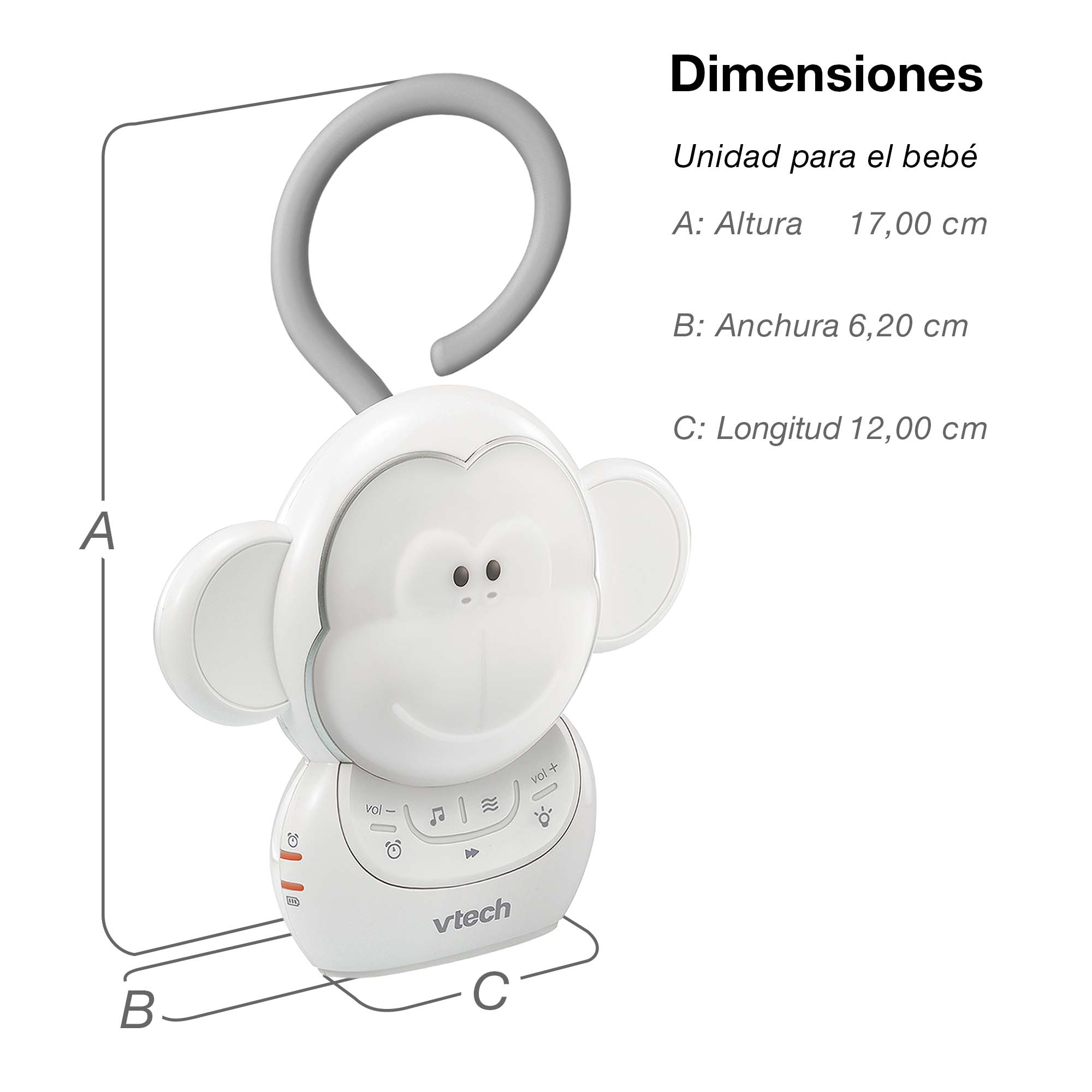 Un vigilabebés blanco con forma de mono, medidas A: 17cm, B: 6,2cm, C: 12cm.