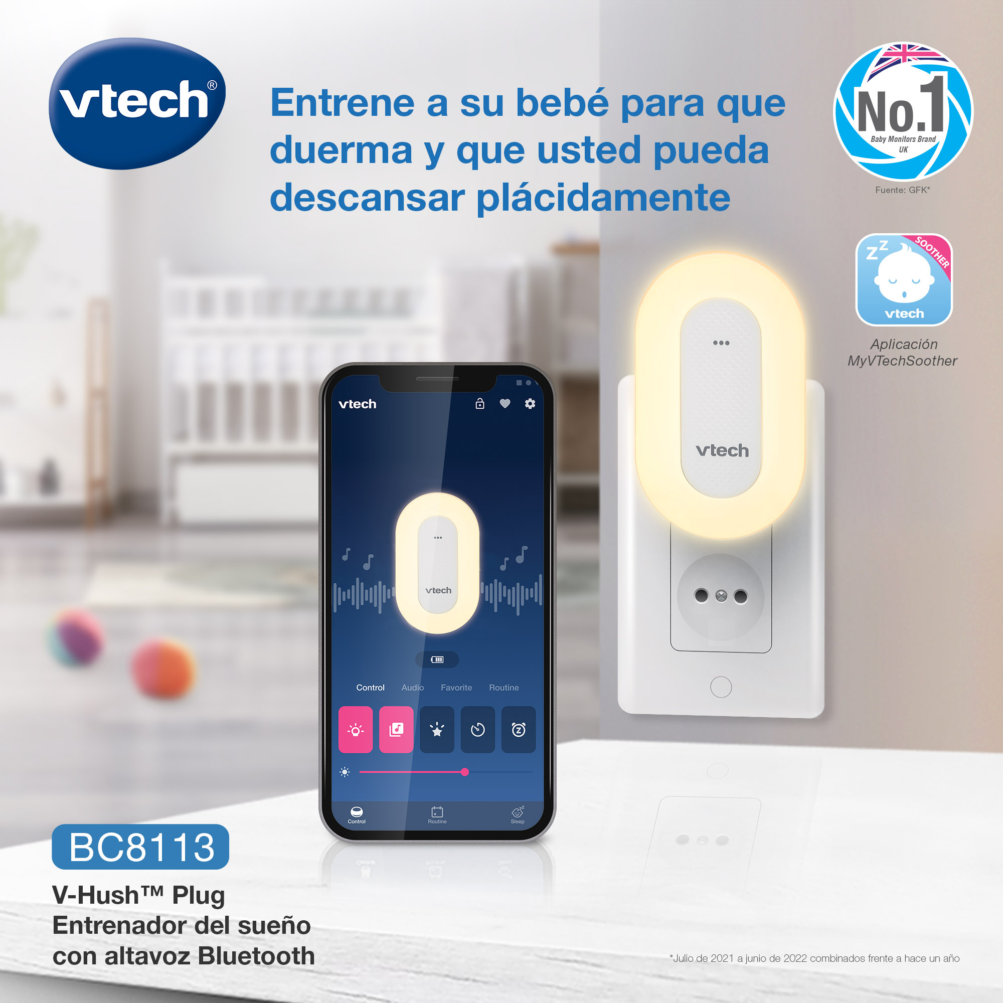 Entrenador de sueño Vtech para bebés con altavoz Bluetooth y luz nocturna controlada por app.