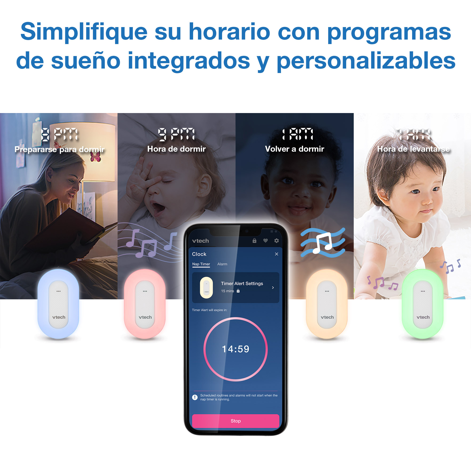 Cuatro escenas muestran niños y un temporizador Vtech. Una mujer lee, bebés duermen/despiertan.