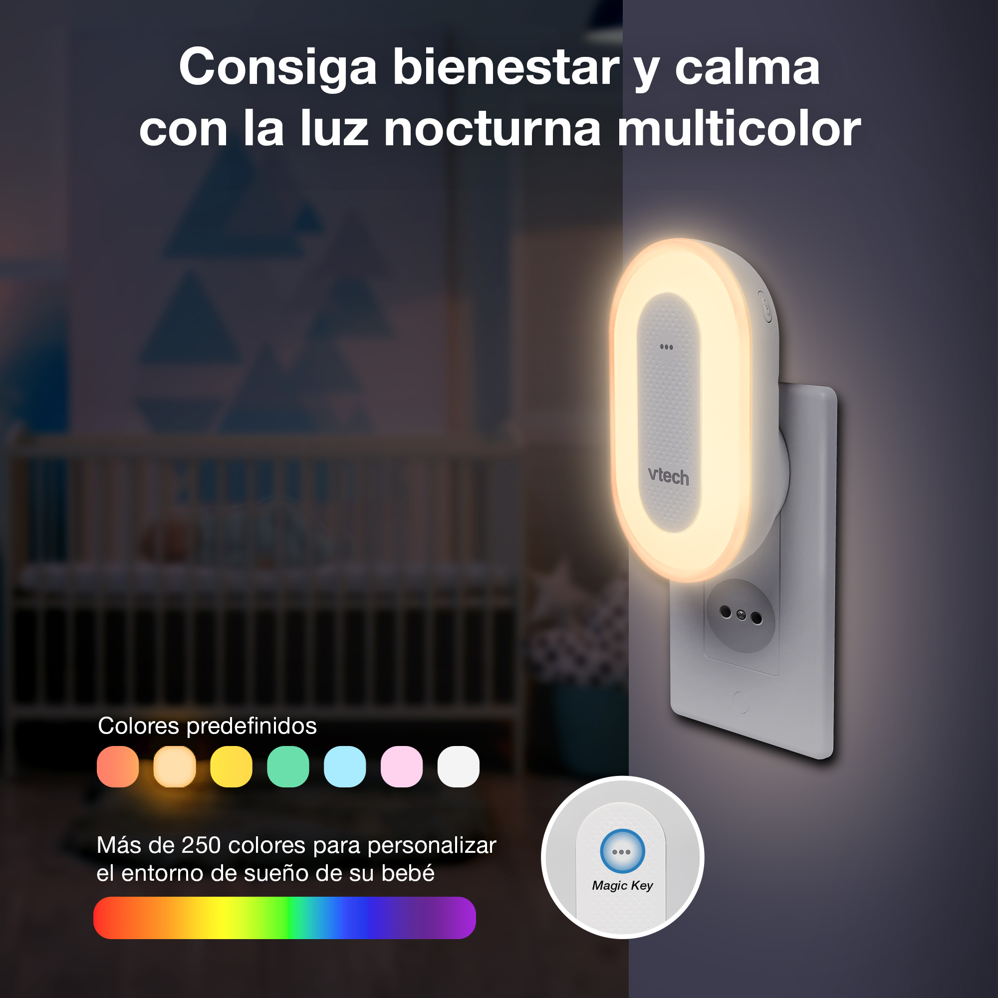 Una luz nocturna Vtech enchufada, iluminando una cuna.