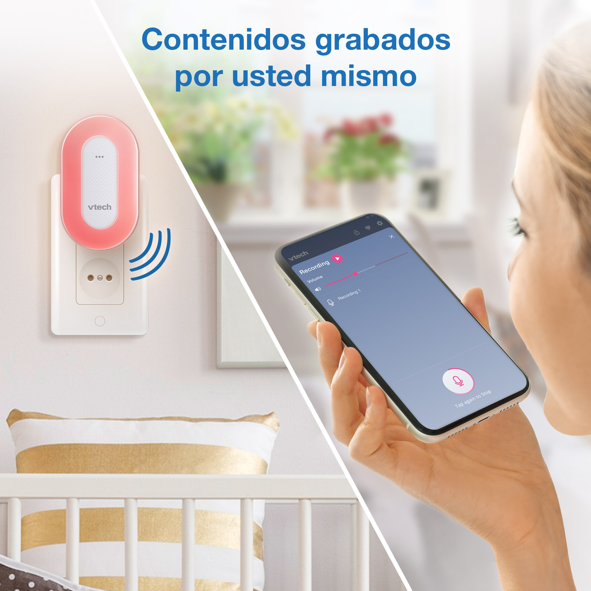 Un monitor Vtech rosa enchufado en un enchufe de pared, junto a una persona con un móvil.