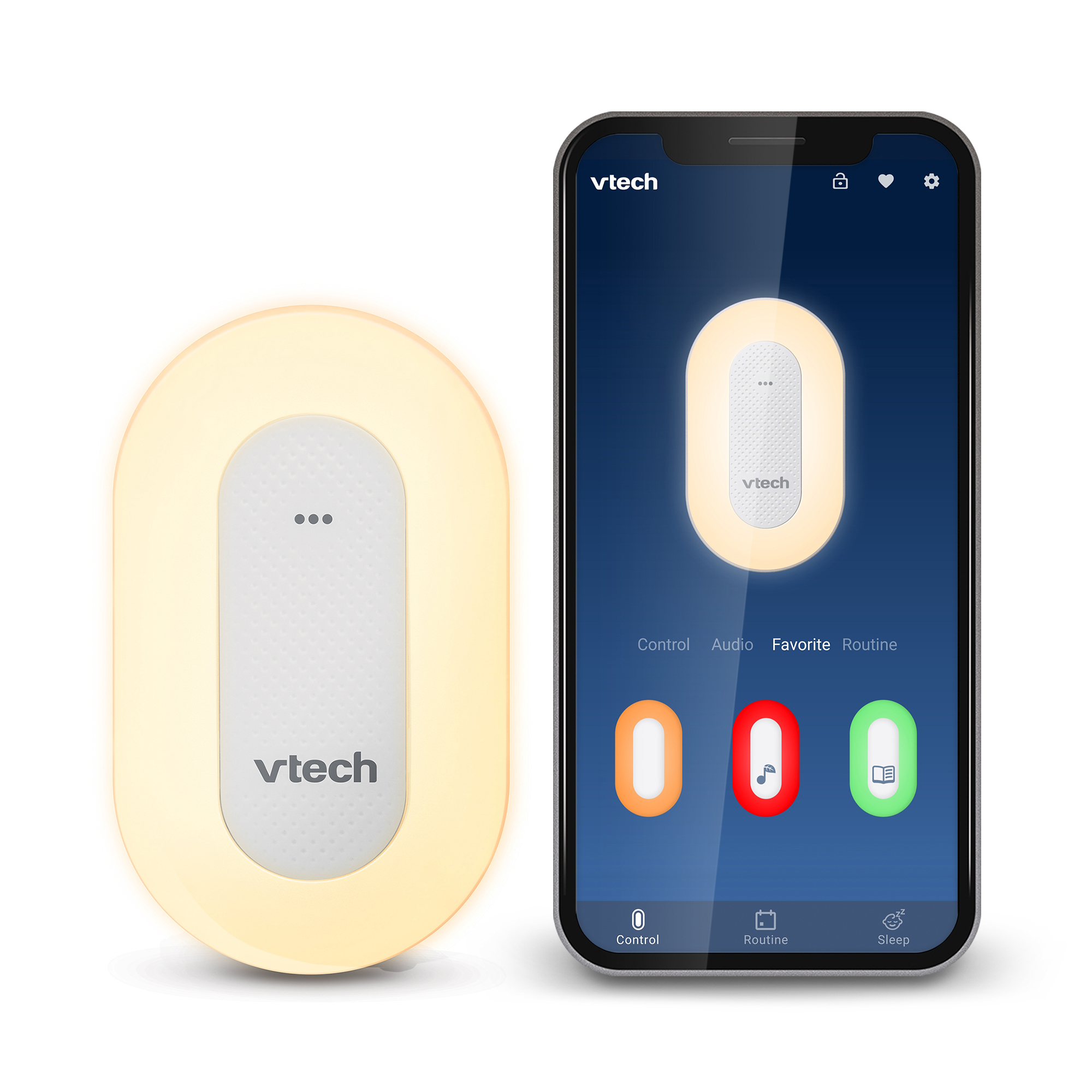 Un proyector de luz nocturna Vtech brillante junto a un smartphone con la app Vtech.