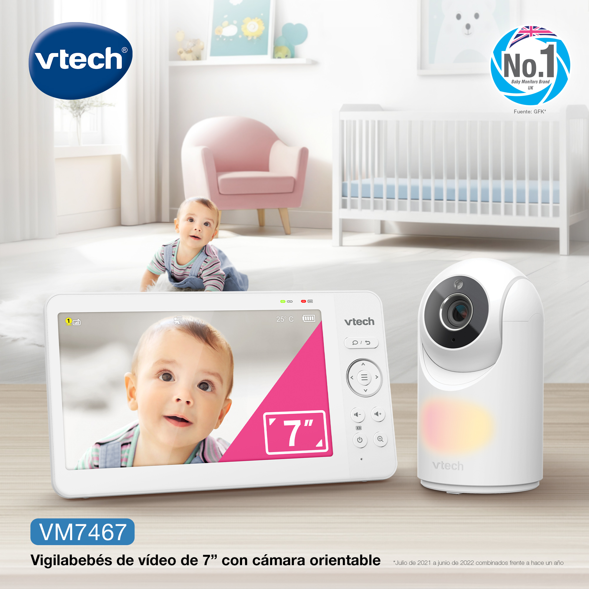 Un vigilabebés con pantalla de 7 pulgadas y cámara orientable en una habitación infantil.