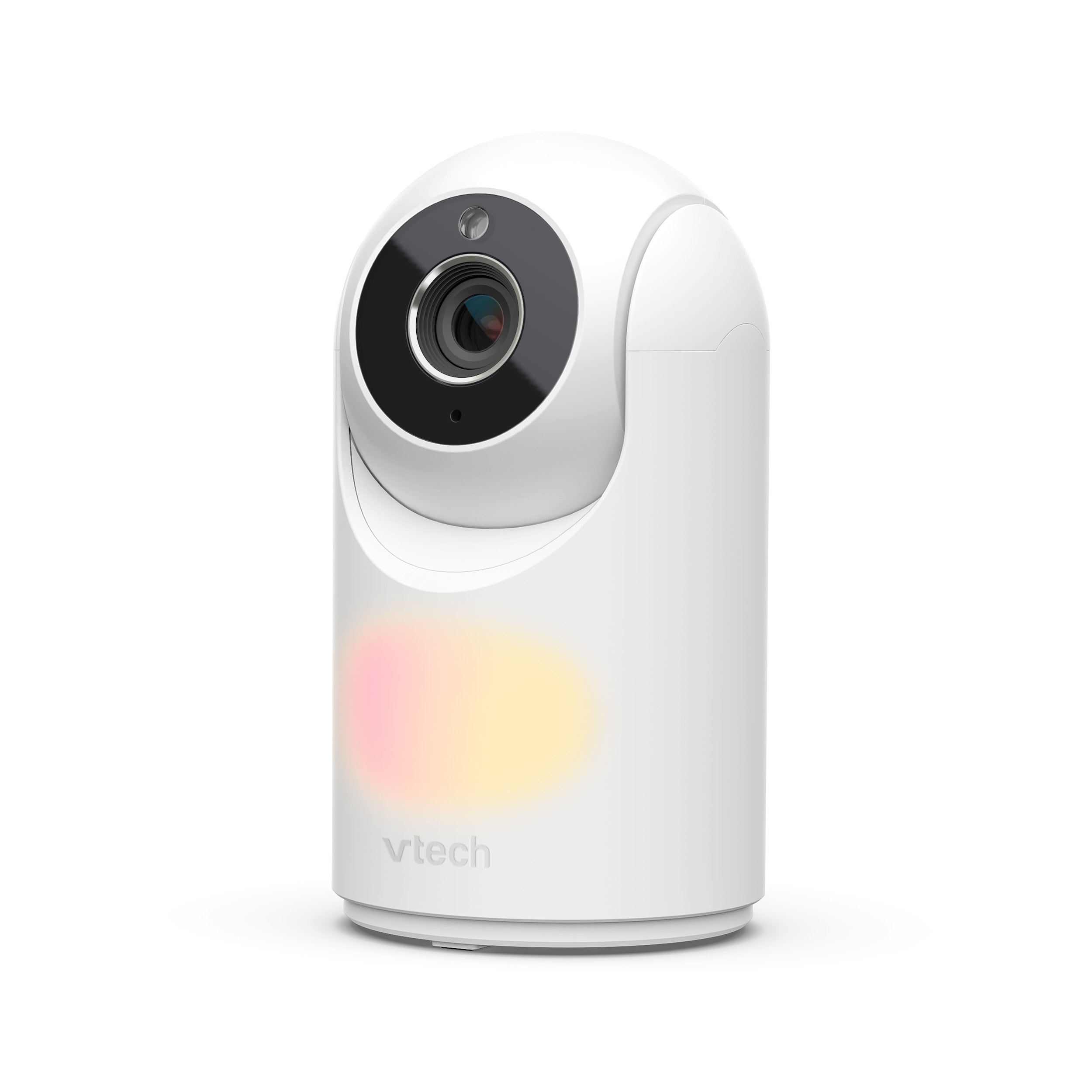 Cámara Vtech blanca con lente y sensor de luz, luces de colores suaves.