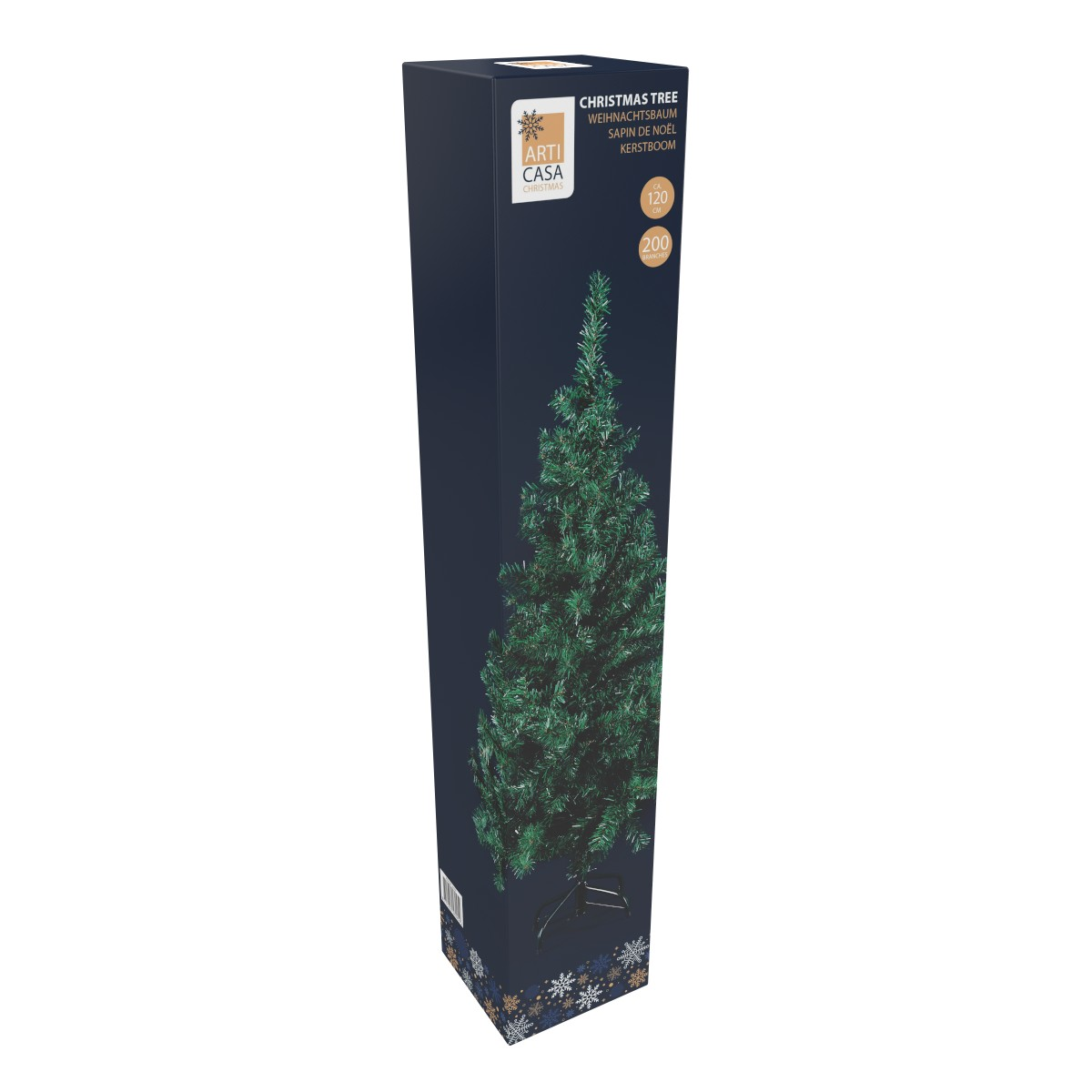 Box of a green Christmas tree with snowflake pattern.