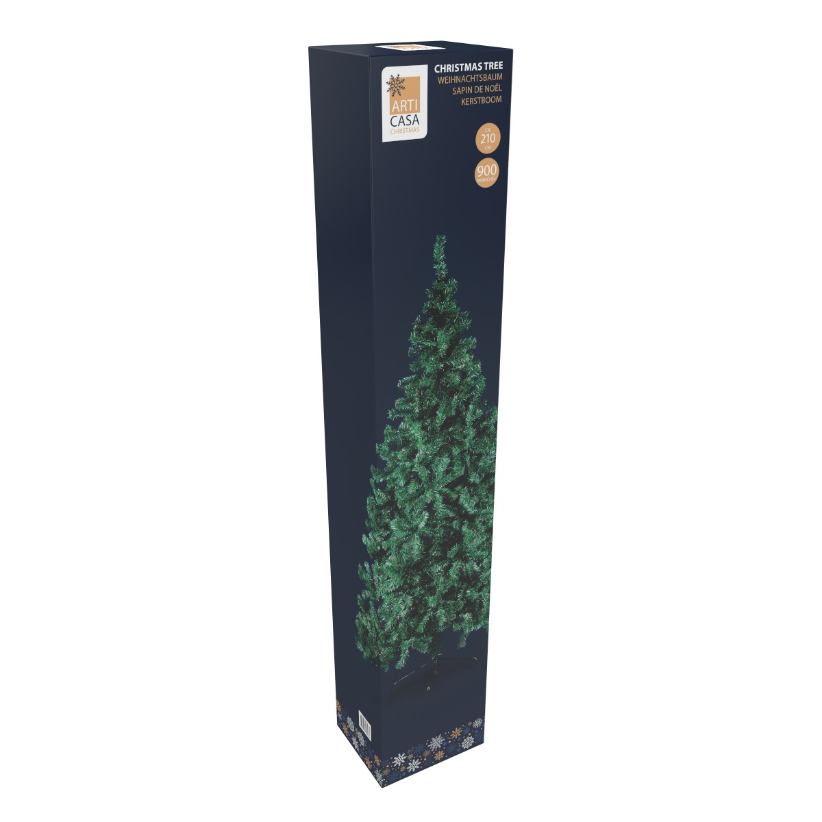 A dark blue box featuring a green Christmas tree image and text.
