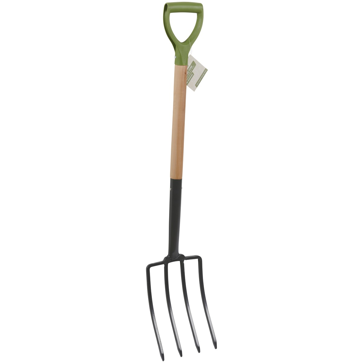 A garden fork with a green handle, wooden shaft, and black tines.