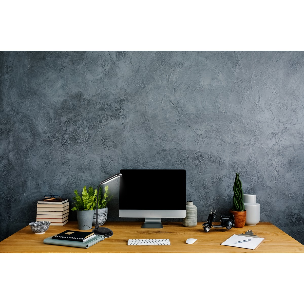 Wooden desk with monitor, keyboard, mouse, lamp, plants and books.