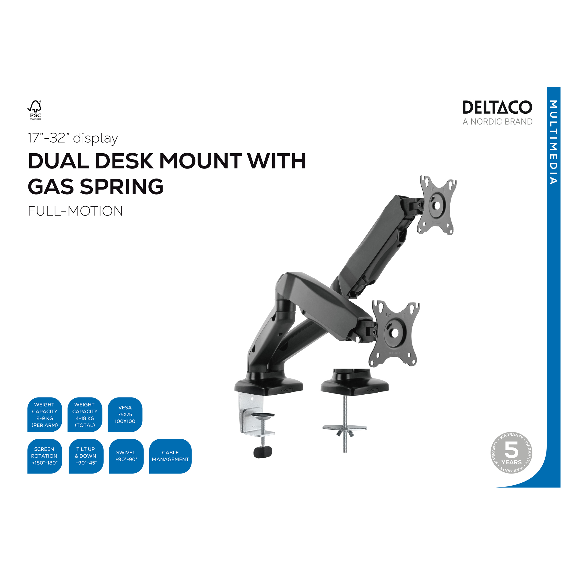 Black dual monitor arm with gas spring for 17-32 inch screens, VESA 75x75/100x100.