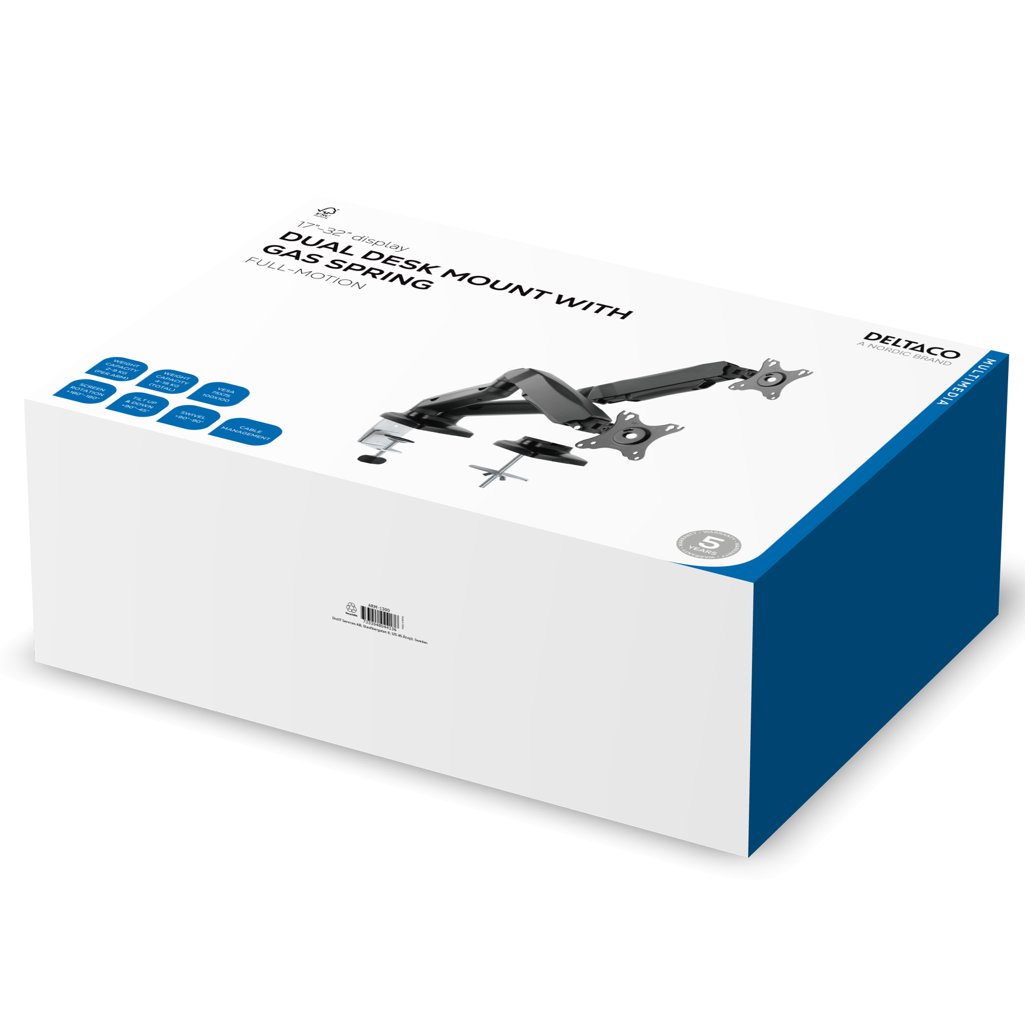 Packaging of a black dual monitor desk mount with gas spring.