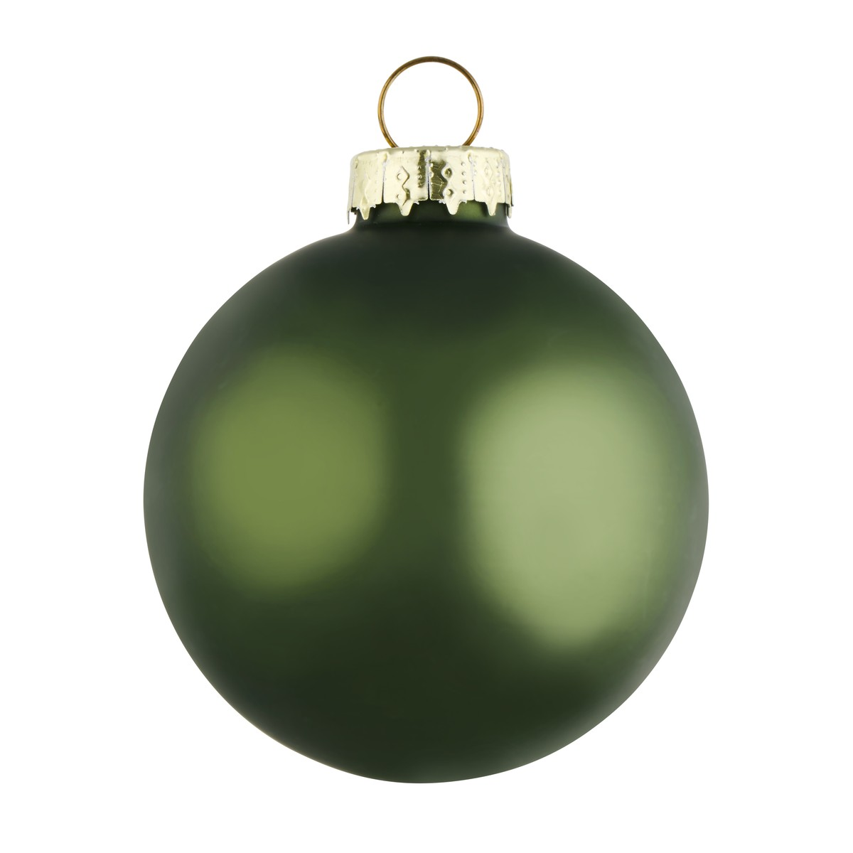 A matte, dark green Christmas ornament with a gold hanging loop.
