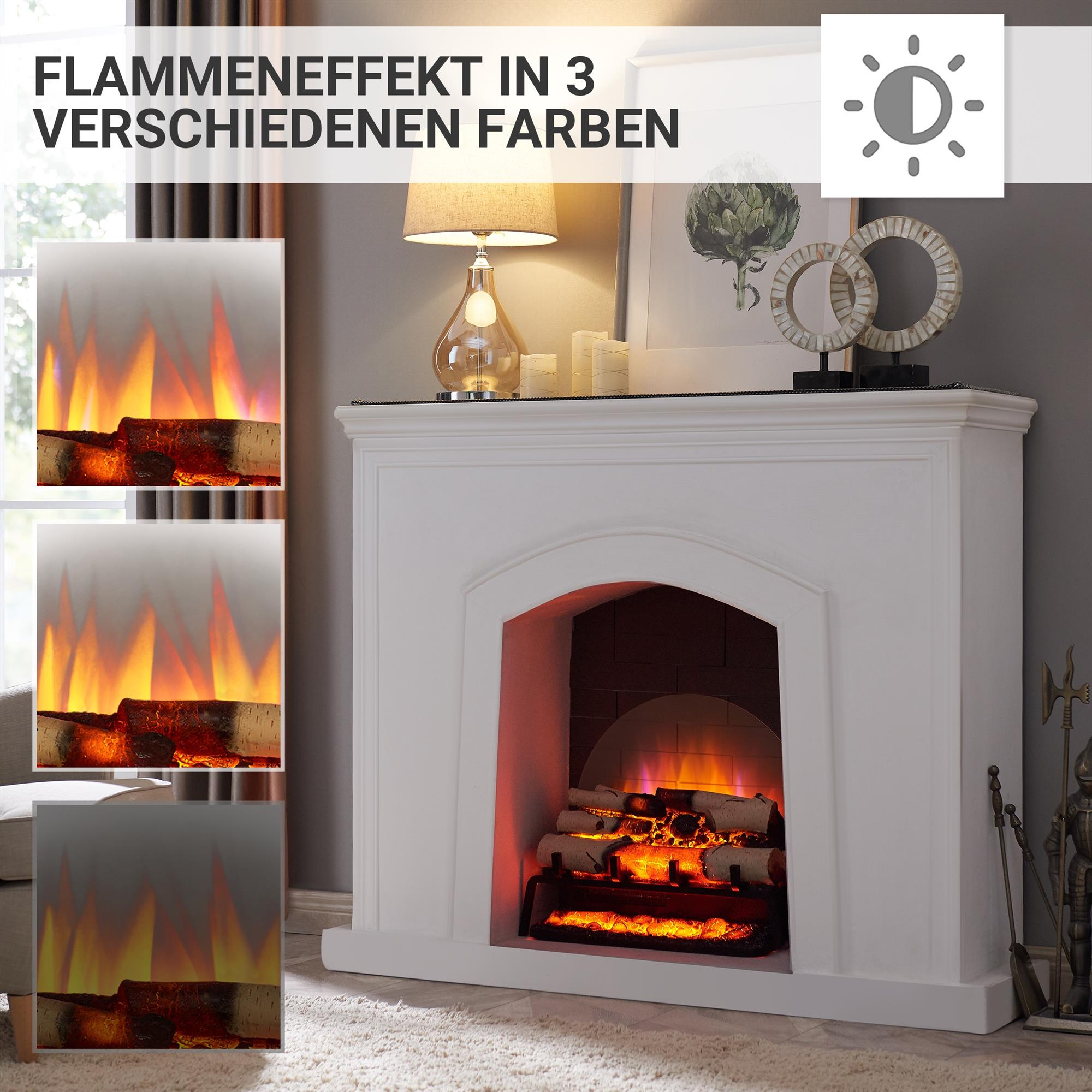 Ein weißer Kamin mit Flammen-Effekt in drei Farben und Dekoration auf dem Sims.