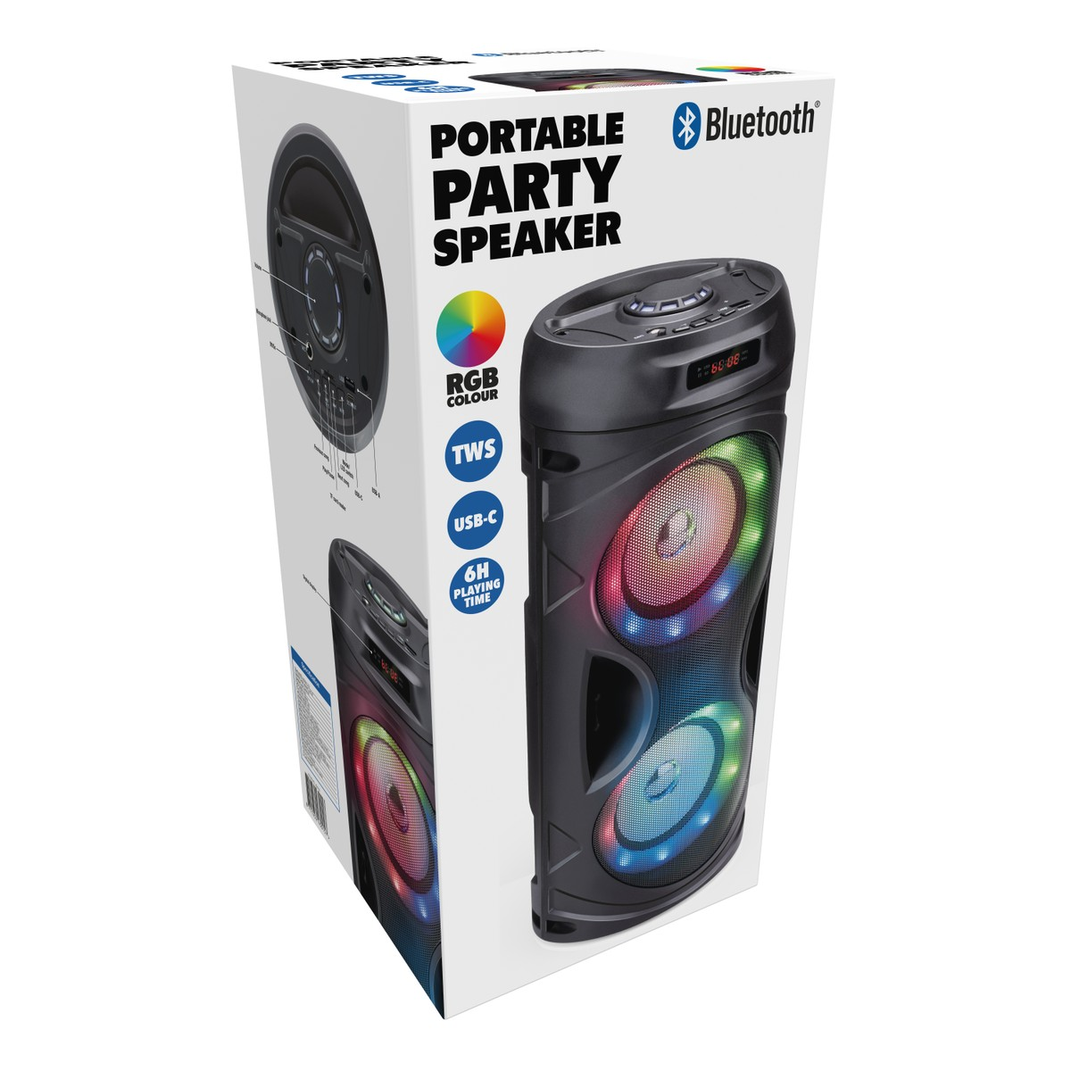 Portable party speaker with RGB color, TWS, USB-C, and 6H playing time.