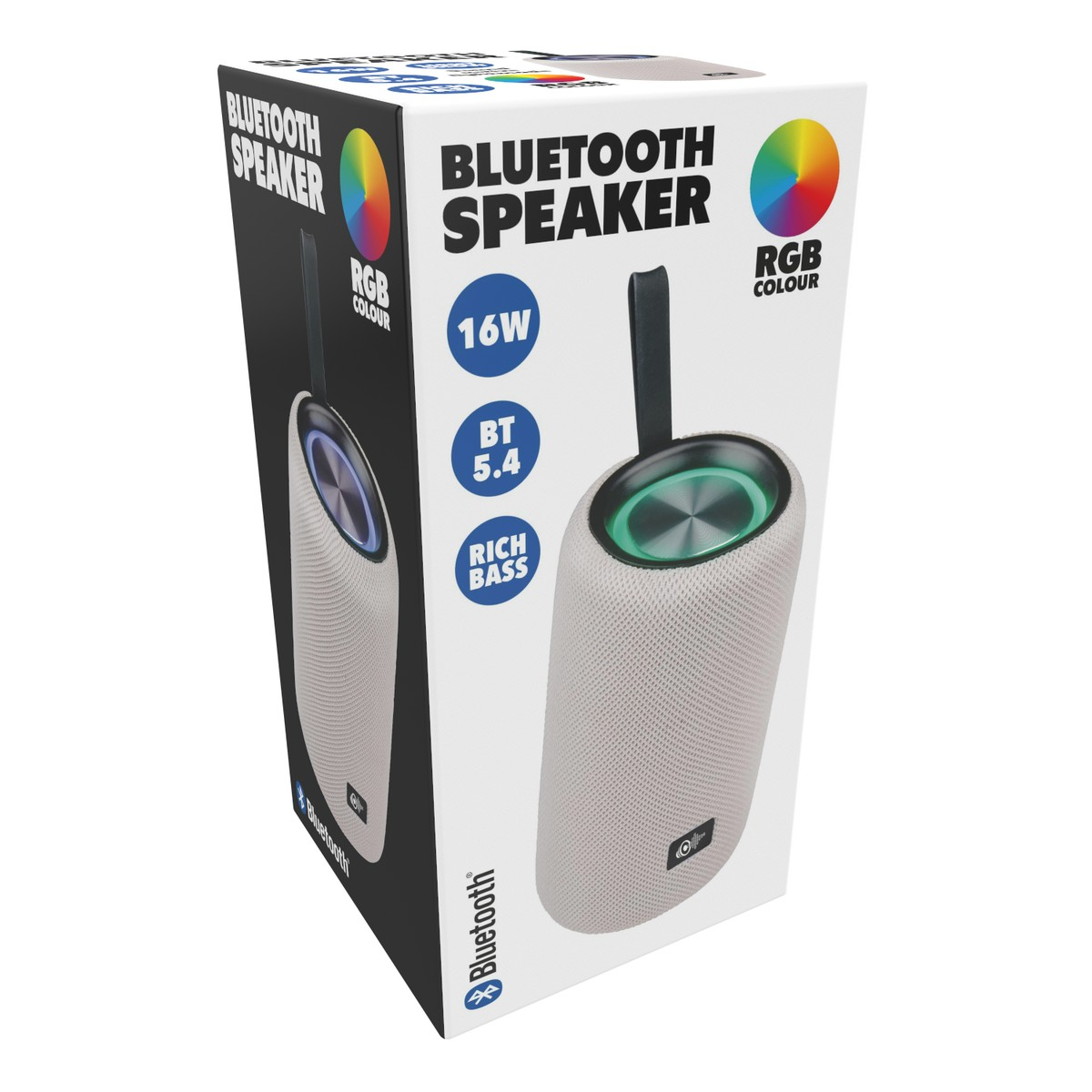 Packaging of a Bluetooth speaker with RGB lighting and 16W power.