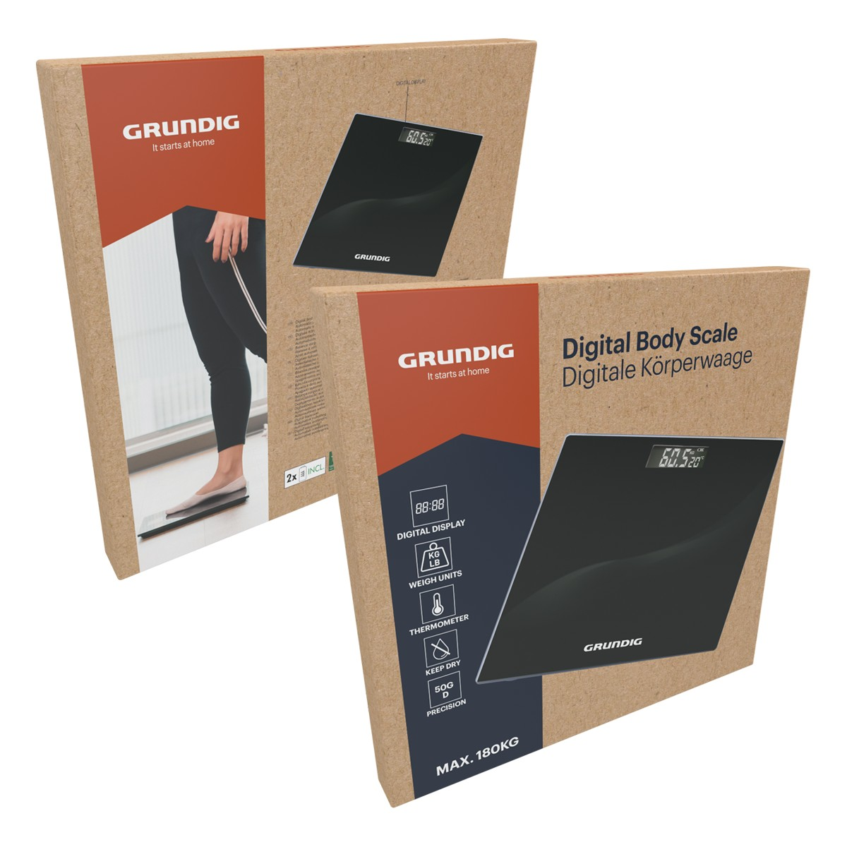 Two Grundig body scale boxes, one shows person using the scale.