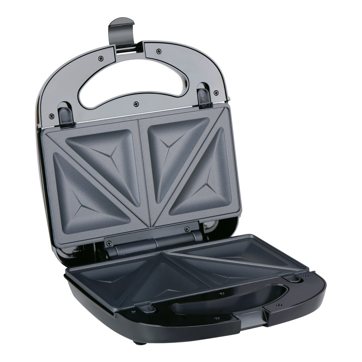 Ein offener schwarzer Sandwichmaker mit dreieckigen Heizplatten.