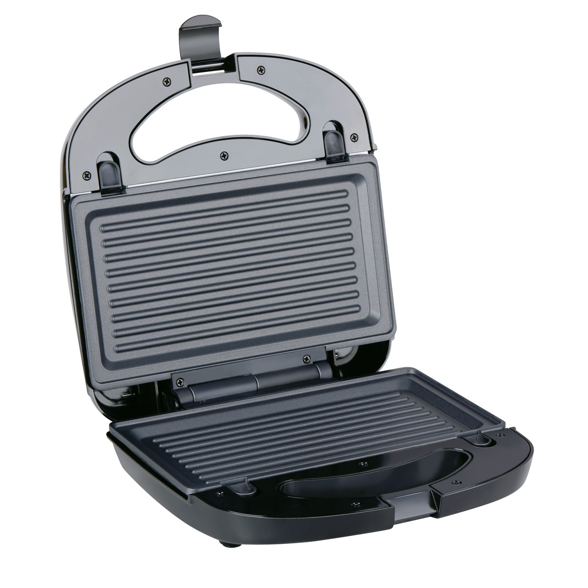Ein offener schwarzer Sandwichmaker mit geriffelten Heizplatten.