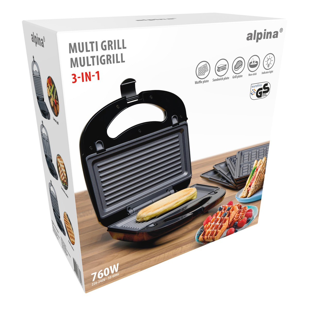 Ein Alpina 3-in-1 Multigrill mit Toast und Waffeln auf dem Tisch.