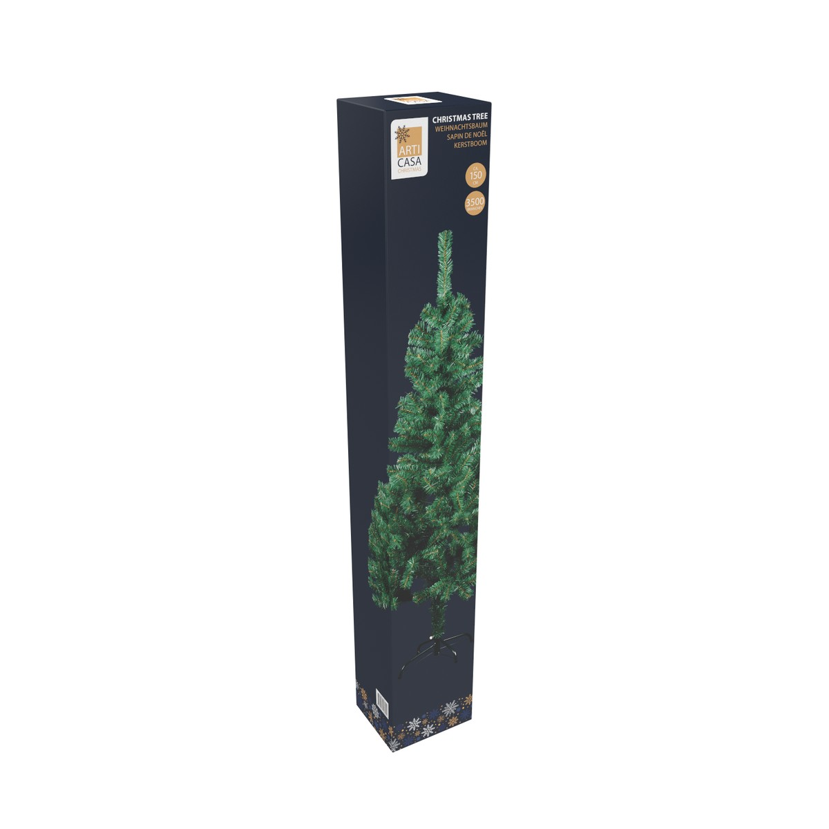 Boxed green Christmas tree with a tip and stand. Features 'Arti Casa' logo.