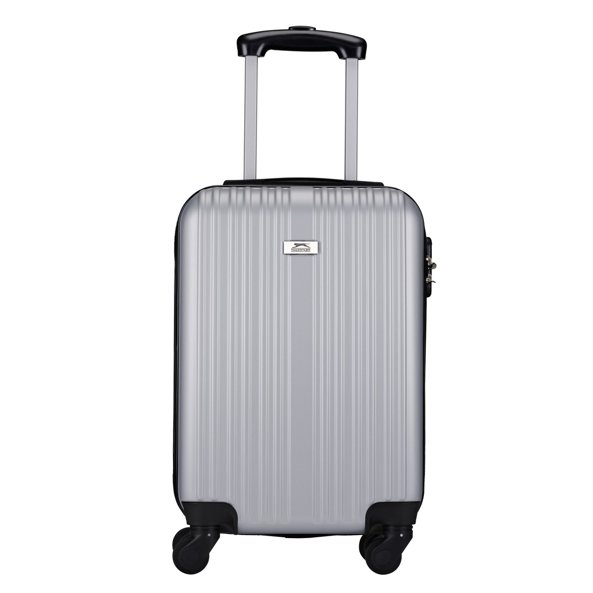 A silver rolling suitcase with an extendable handle and four wheels.