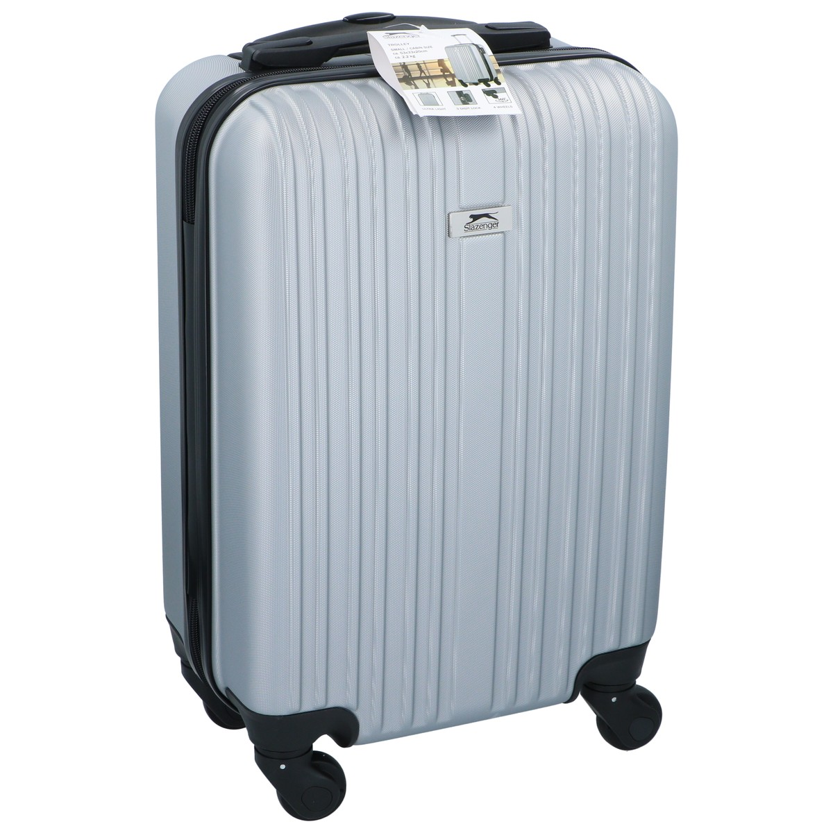 Silver suitcase with ribbed texture and a Slazenger logo.