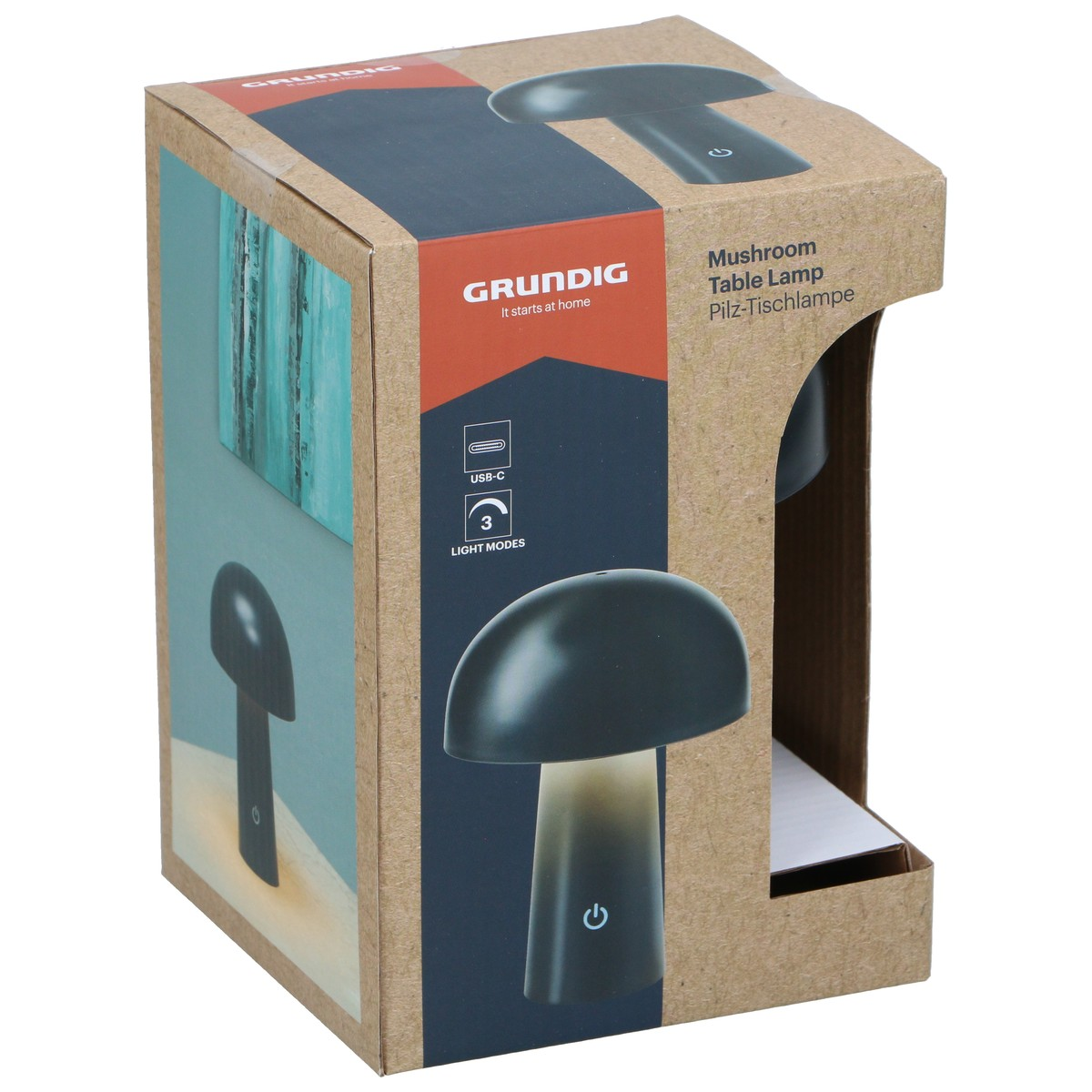Grundig mushroom table lamp box showing USB-C and 3 light modes.