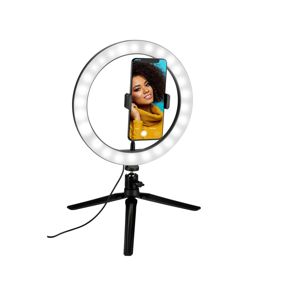 A ring light with a smartphone showing a woman is on a tripod.