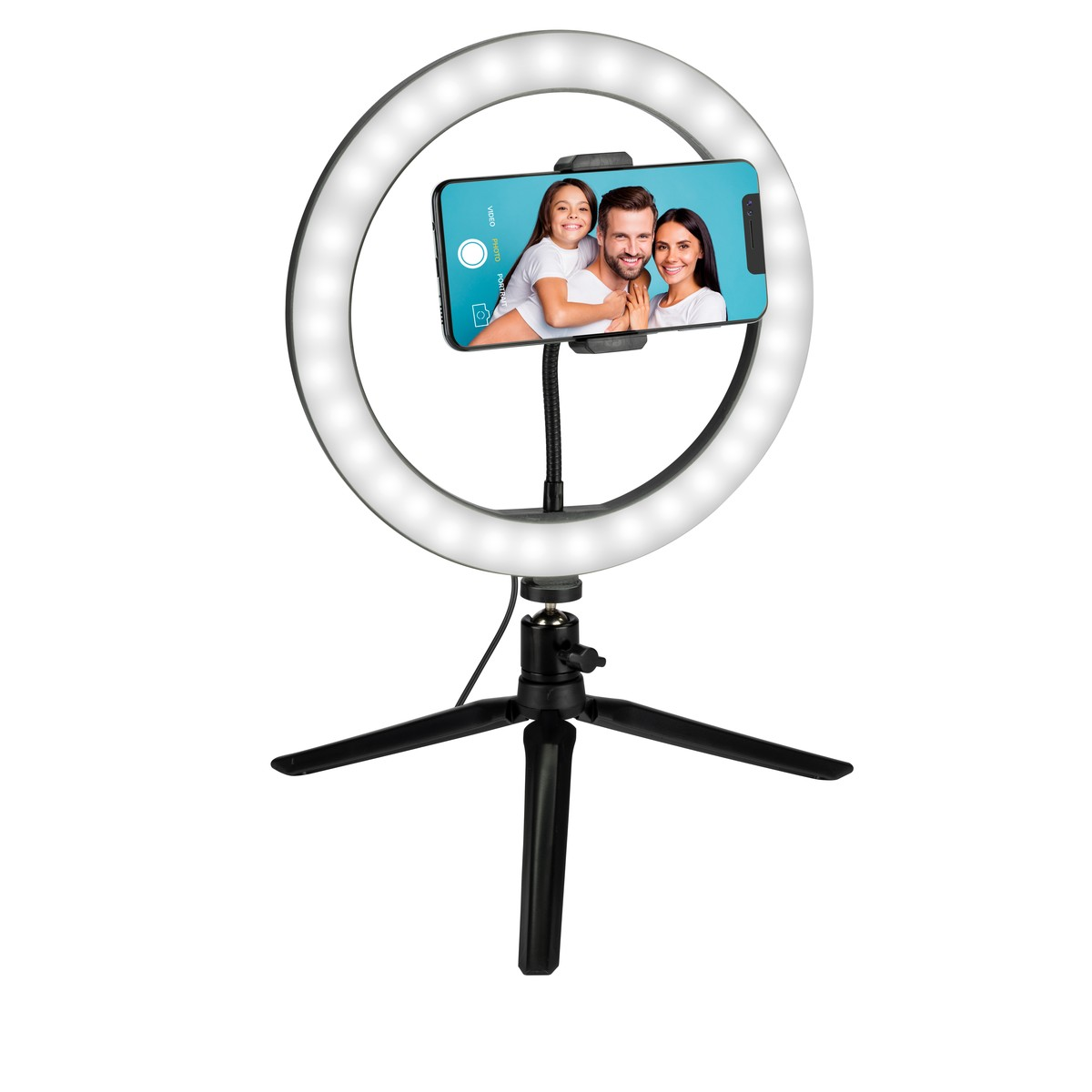 A ring light with a phone displaying a family of three on a tripod.