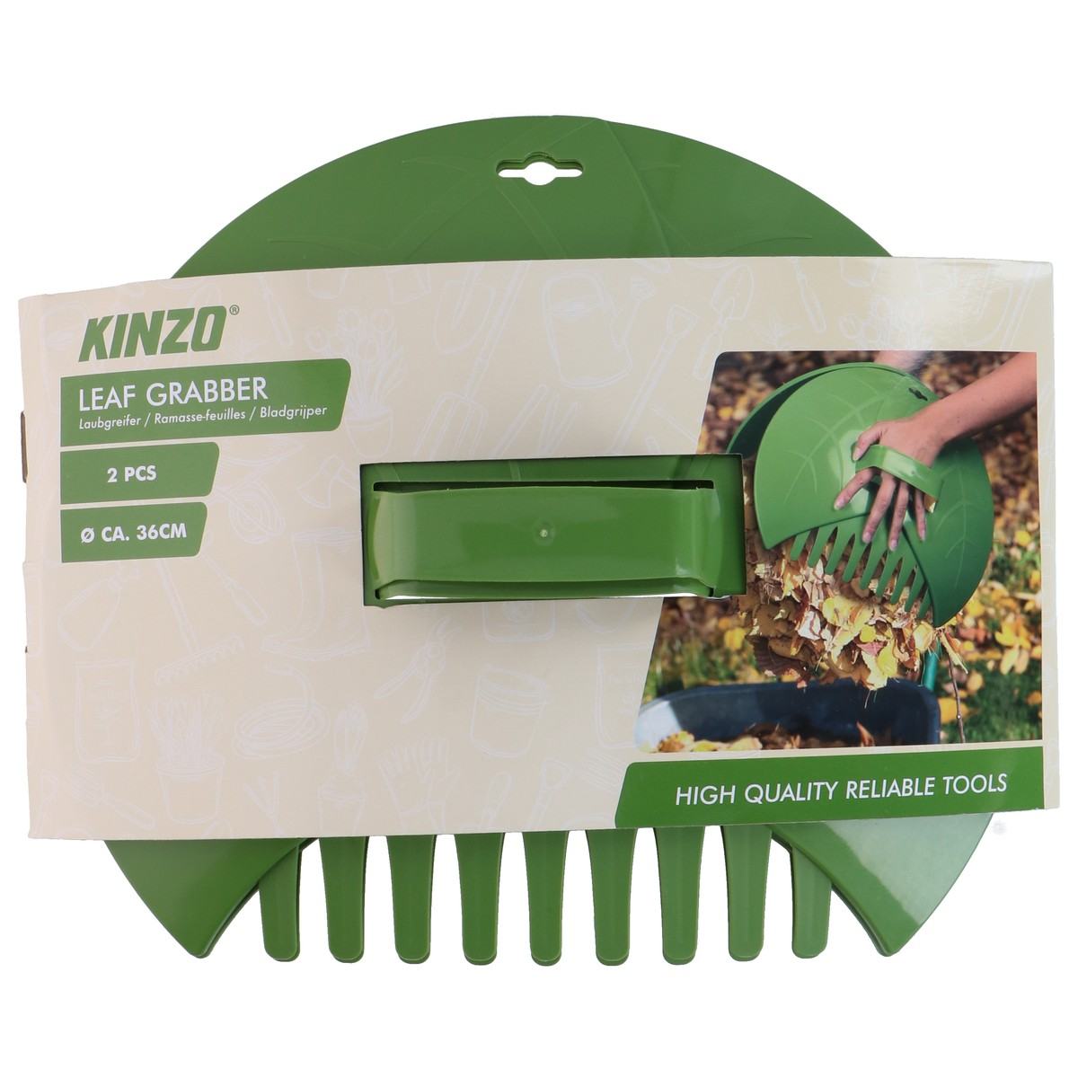 Green leaf grabber tool with 'Kinzo Leaf Grabber' text on packaging.