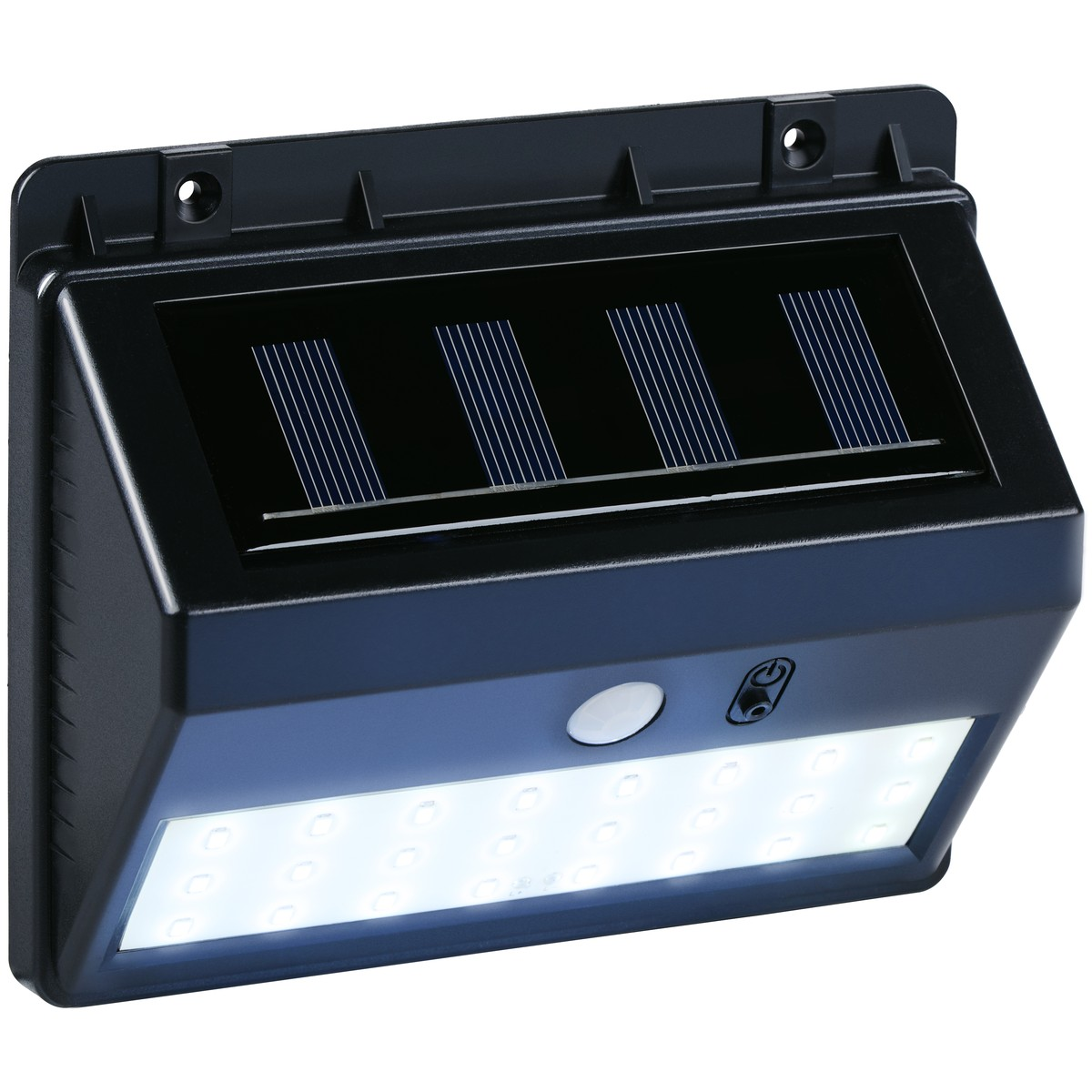 Black solar light with motion sensor and 20 LEDs.