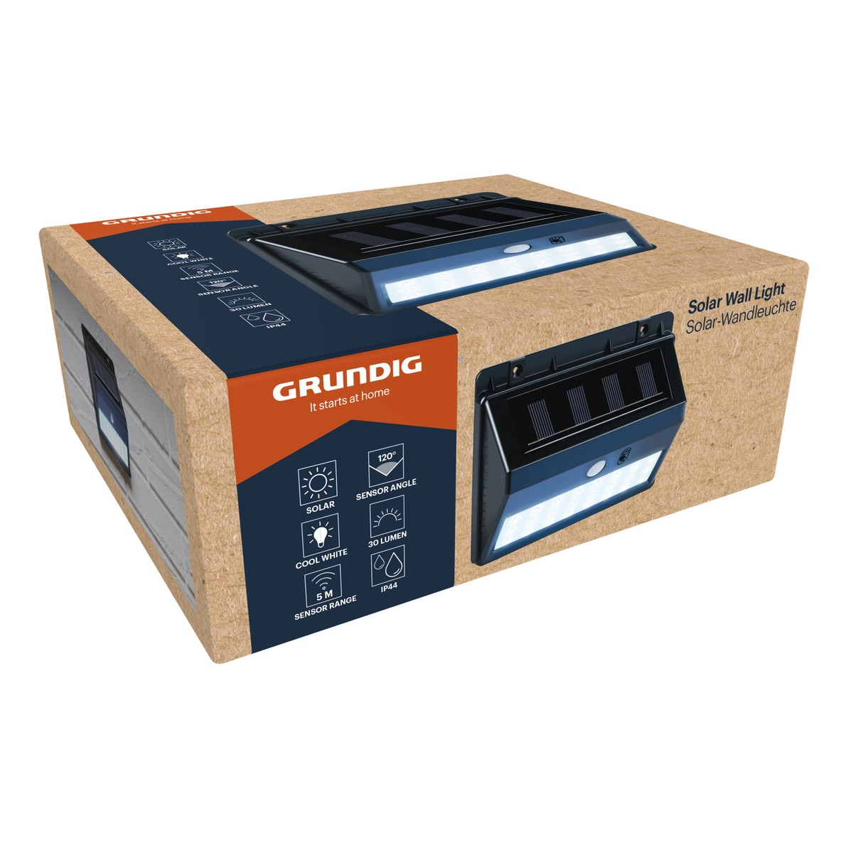 Grundig solar wall light with sensor, 30 lumens, IP44, 5m range.