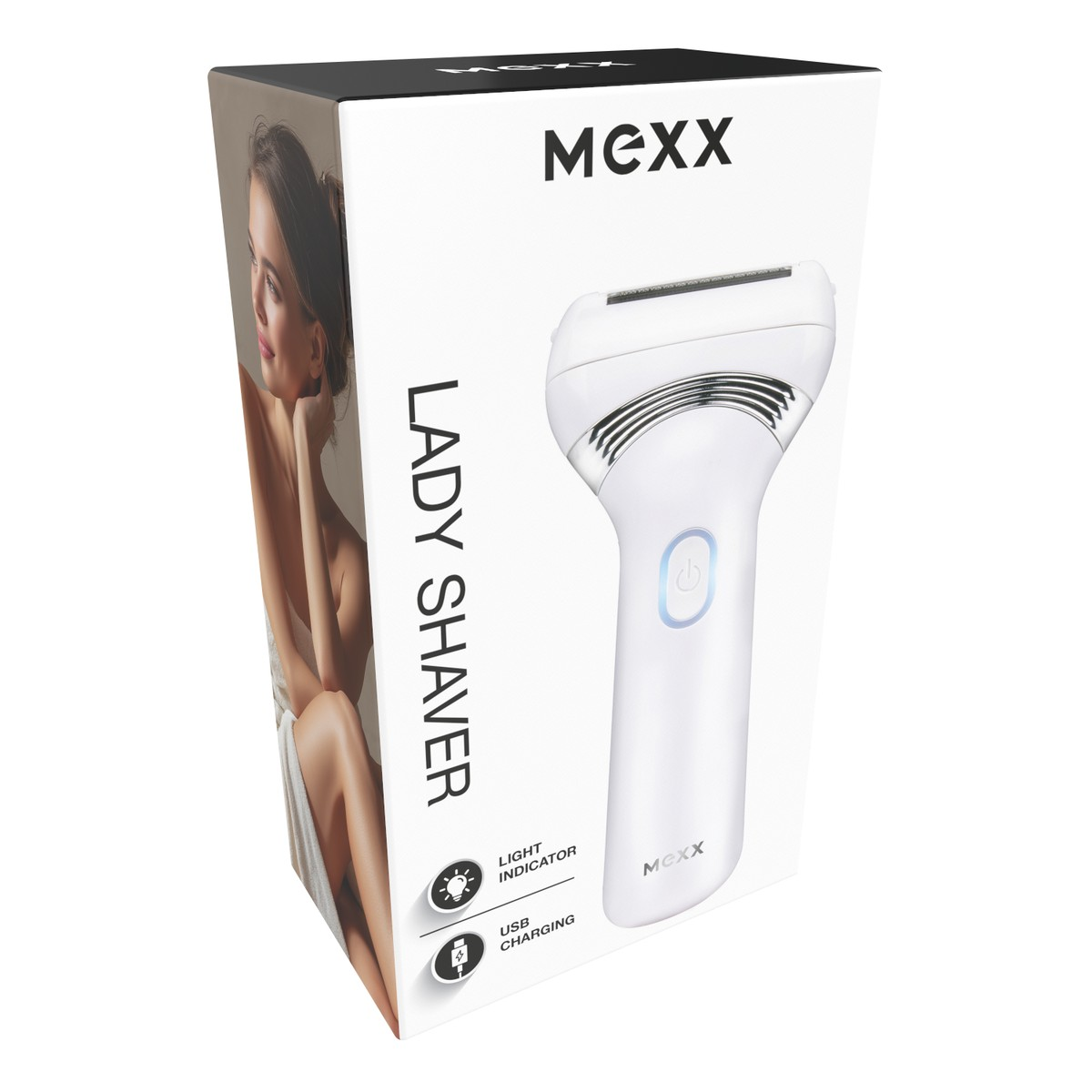 White Mexx lady shaver packaging with a woman's image and product details.
